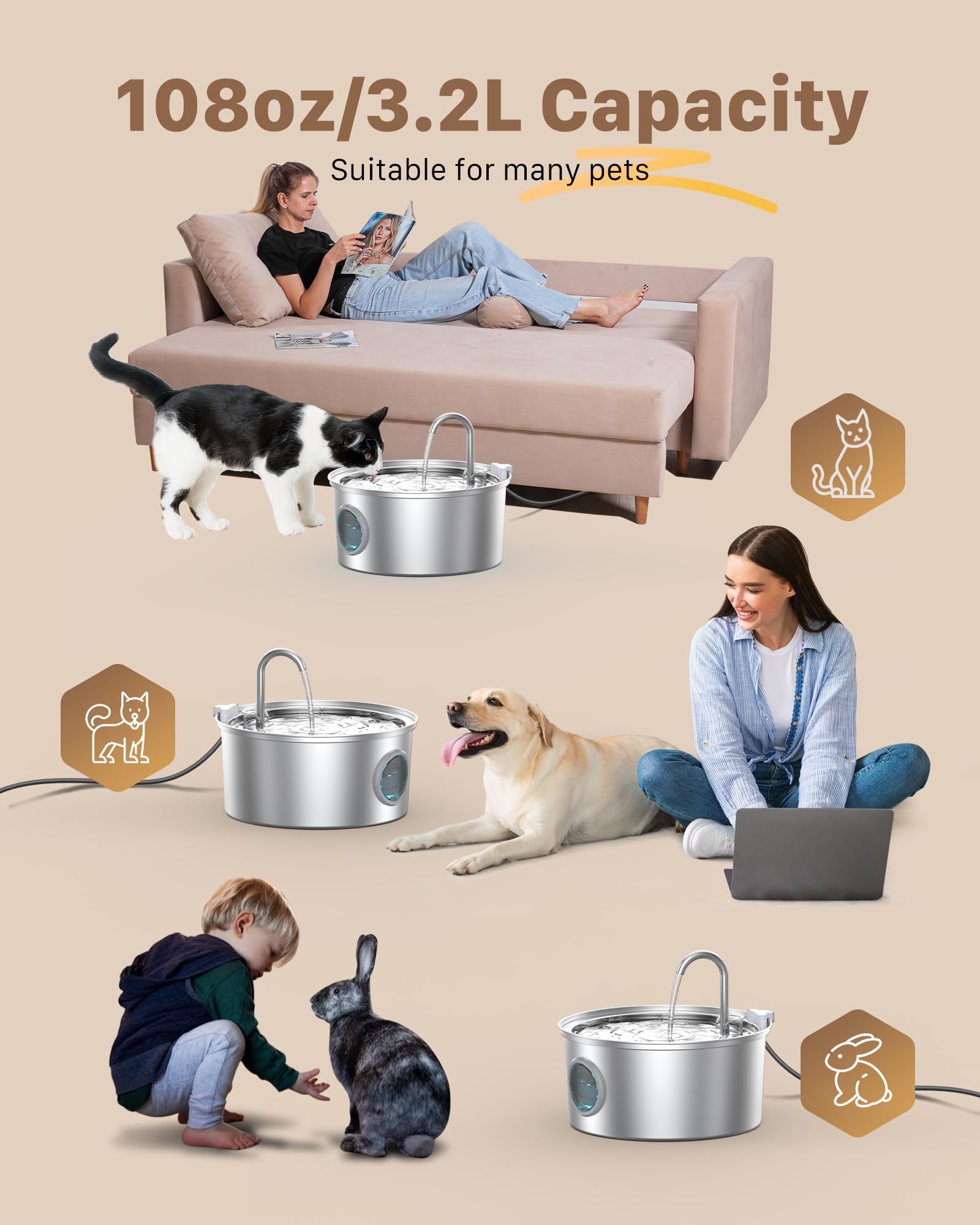 GIOTOHUN Cat Fountain Stainless Steel 108oz — Quiet, Filtered Water for Cats