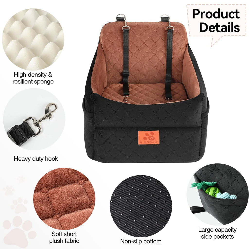 GL GLENSLAVE Dog Car Seat for Small/Medium Dogs – Thick Cushion, Washable Cover & Pockets