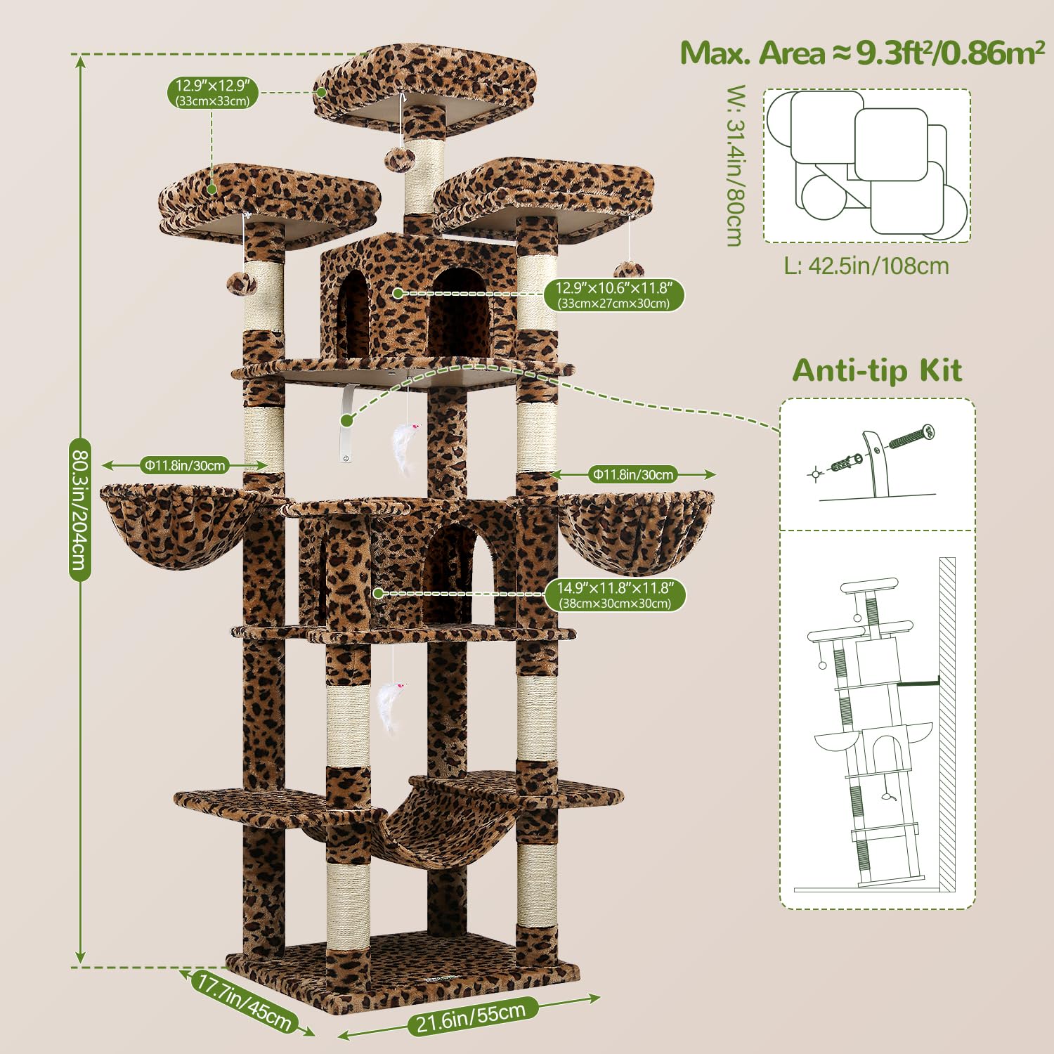 Globlazer Big Cat Tower 80-Inch Leopard Cat Tree for Indoor Multi-Cat Homes