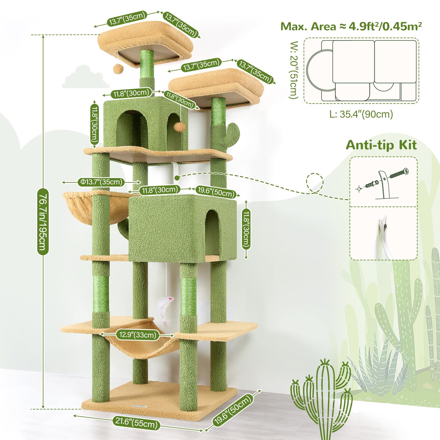 Globlazer Cactus Cat Tree Tower 76-Inch – Tall Multi-Level Cat Furniture