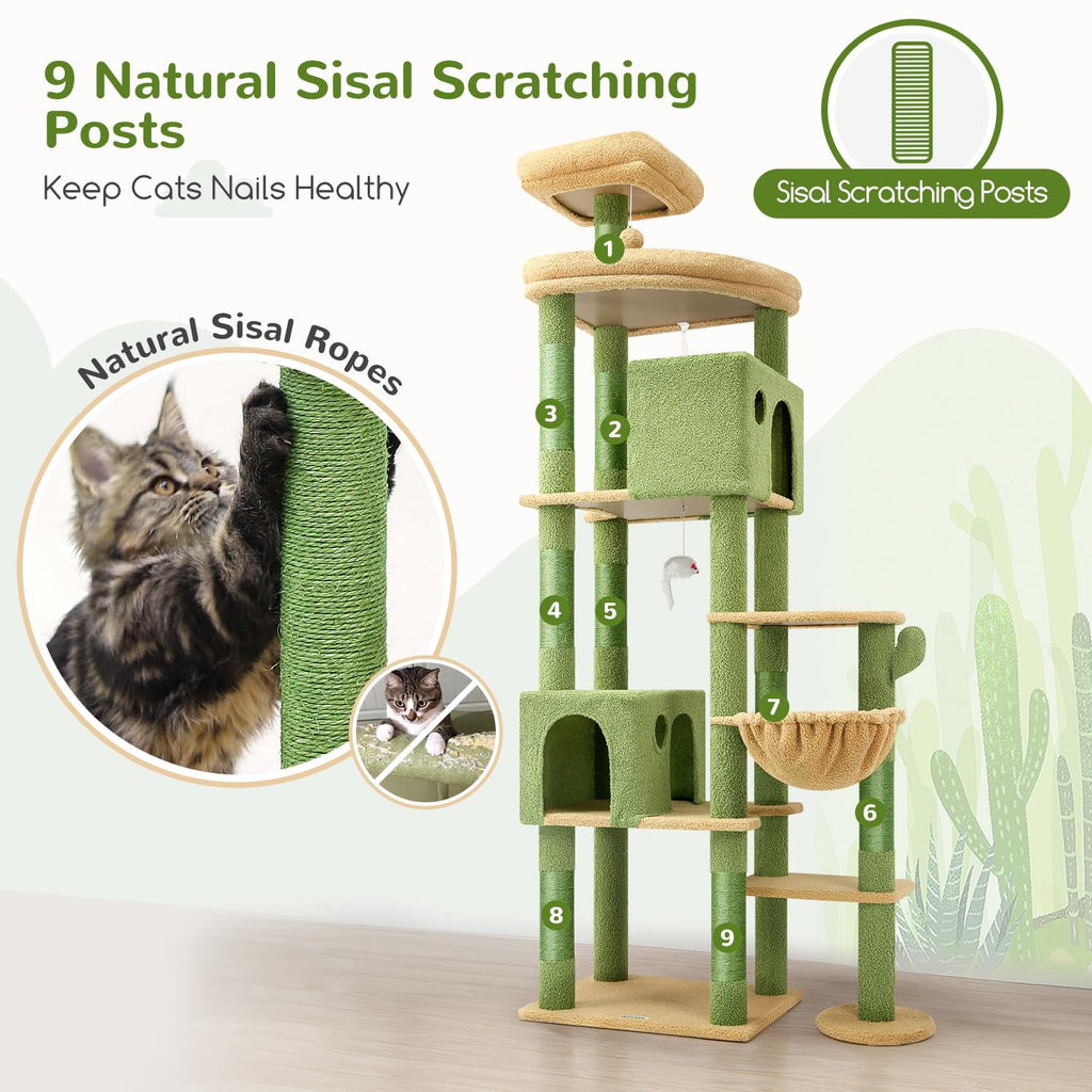 Globlazer Cactus Giant Cat Tree – 83-Inch XXL Cat Tower for Large Indoor Cats (F83, Green)