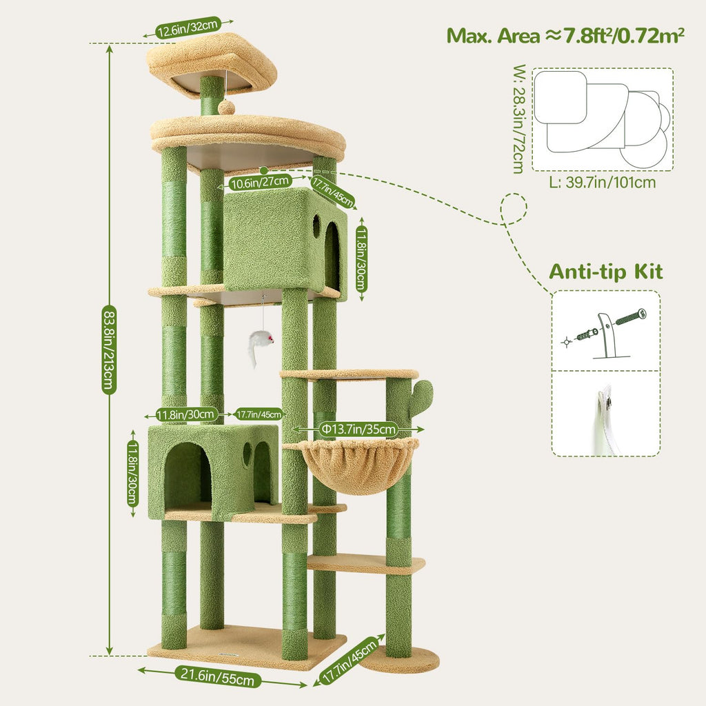 Globlazer Cactus Giant Cat Tree – 83-Inch XXL Cat Tower for Large Indoor Cats (F83, Green)
