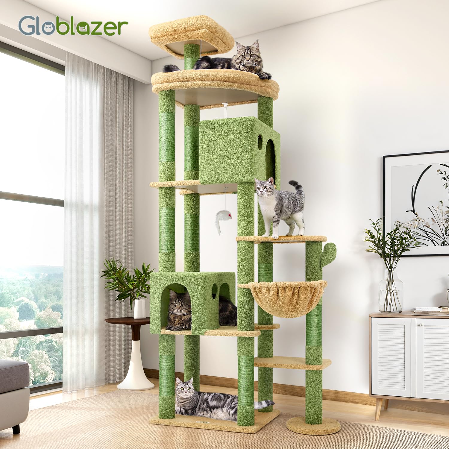 Globlazer Cactus Giant Cat Tree – 83-Inch XXL Cat Tower for Large Indoor Cats (F83, Green)