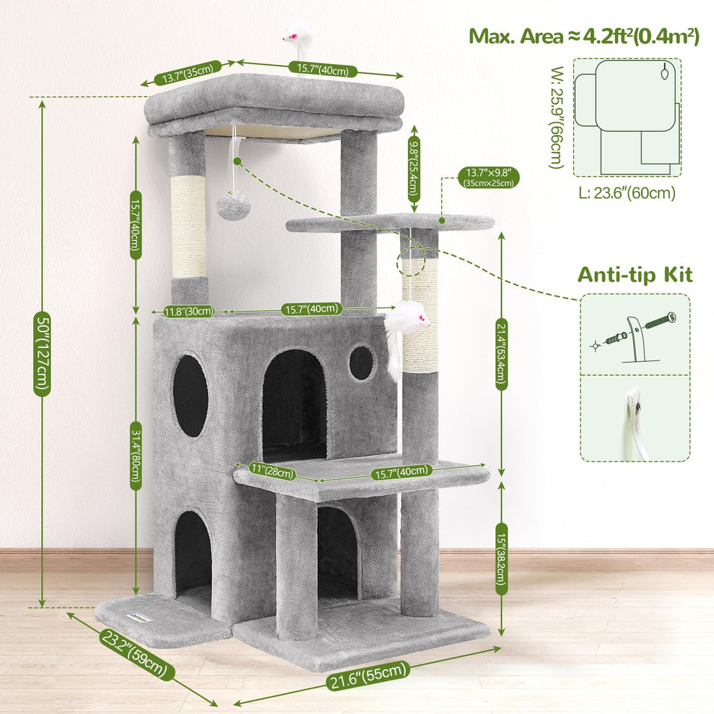 Globlazer 50-Inch Cat Tree Tower for Indoor Cats | Double Condos, Top Perch, Space-Saving