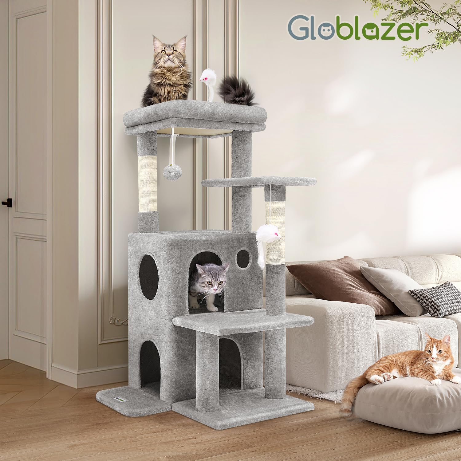 Globlazer 50-Inch Cat Tree Tower for Indoor Cats | Double Condos, Top Perch, Space-Saving