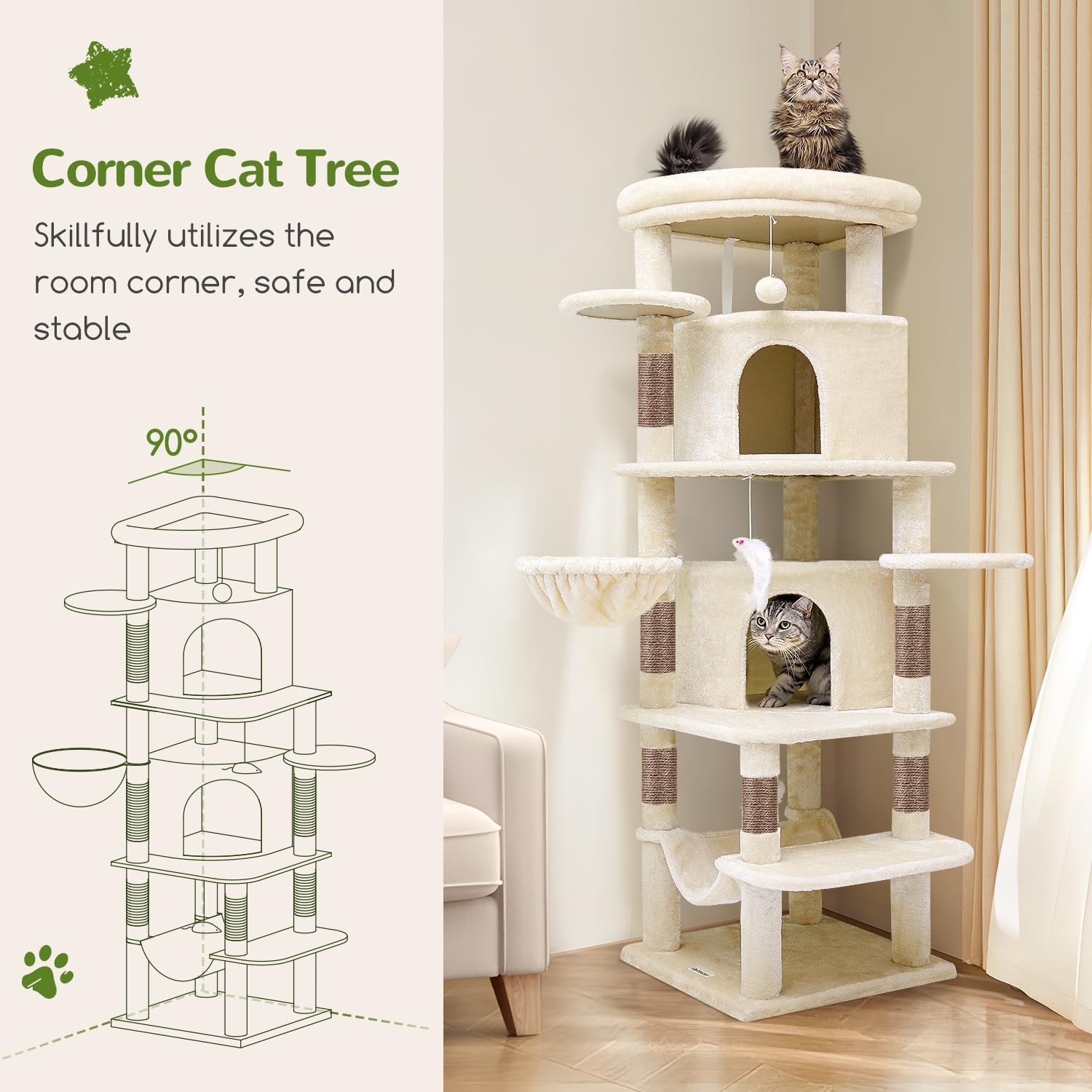 Globlazer Corner Cat Tree for Large Cats – 66in Tall, Beige