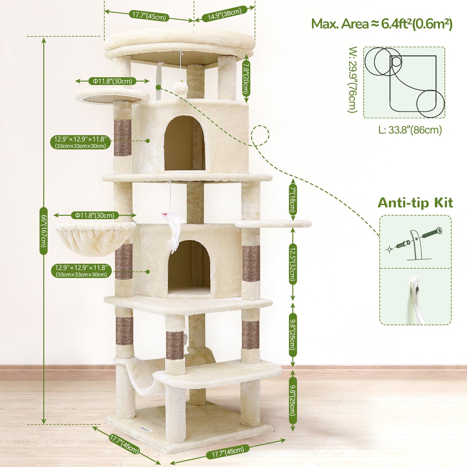 Globlazer Corner Cat Tree for Large Cats – 66in Tall, Beige