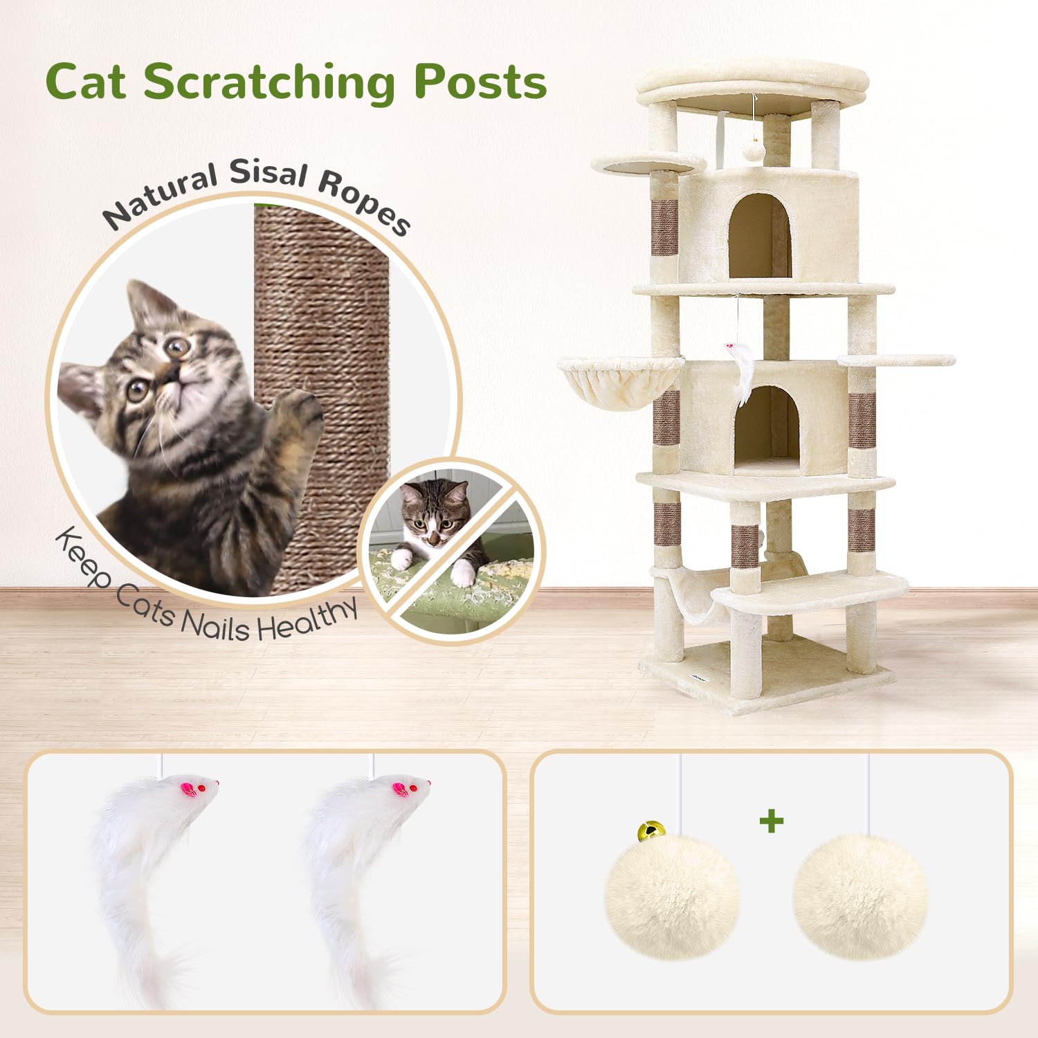 Globlazer Corner Cat Tree for Large Cats – 66in Tall, Beige
