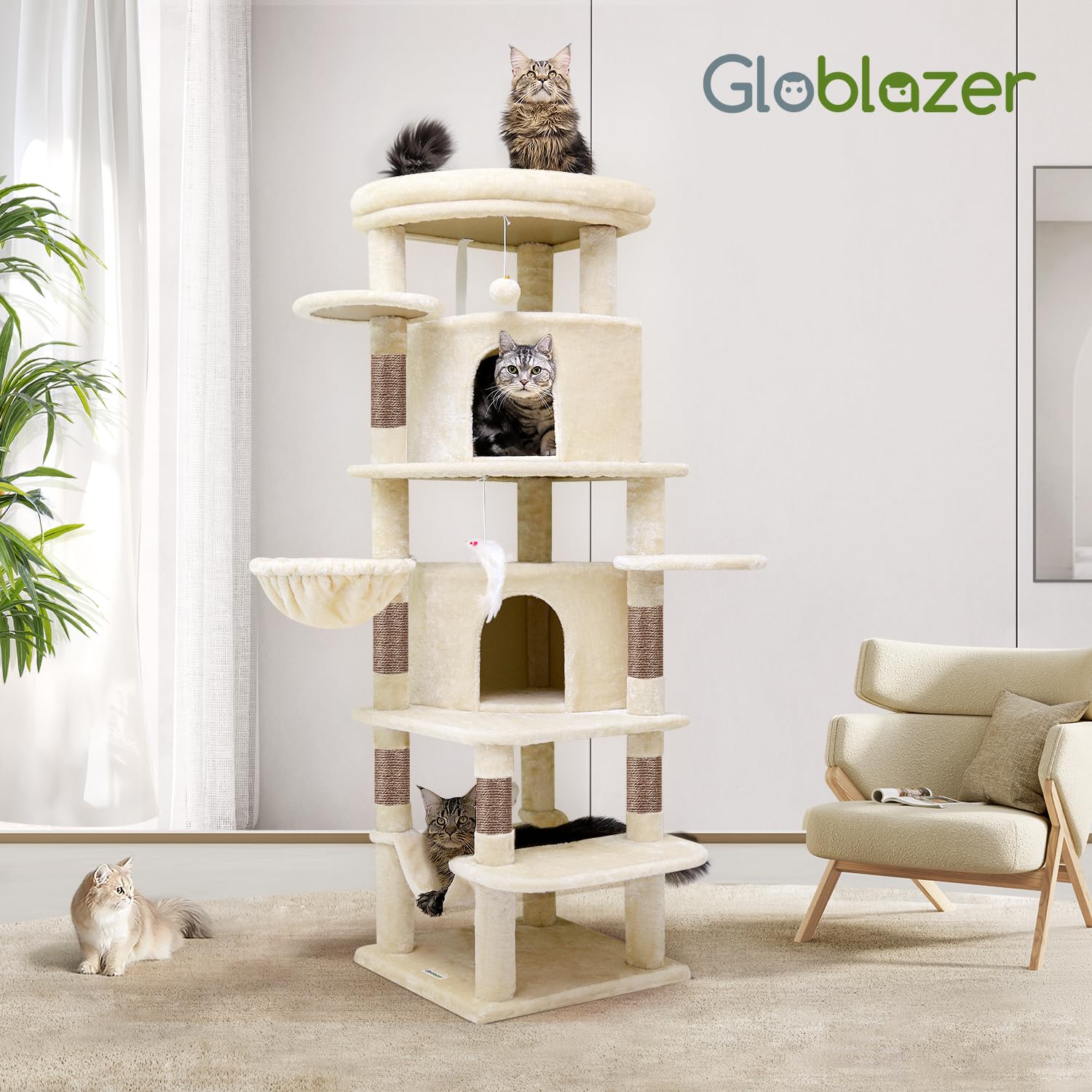 Globlazer Corner Cat Tree for Large Cats – 66in Tall, Beige