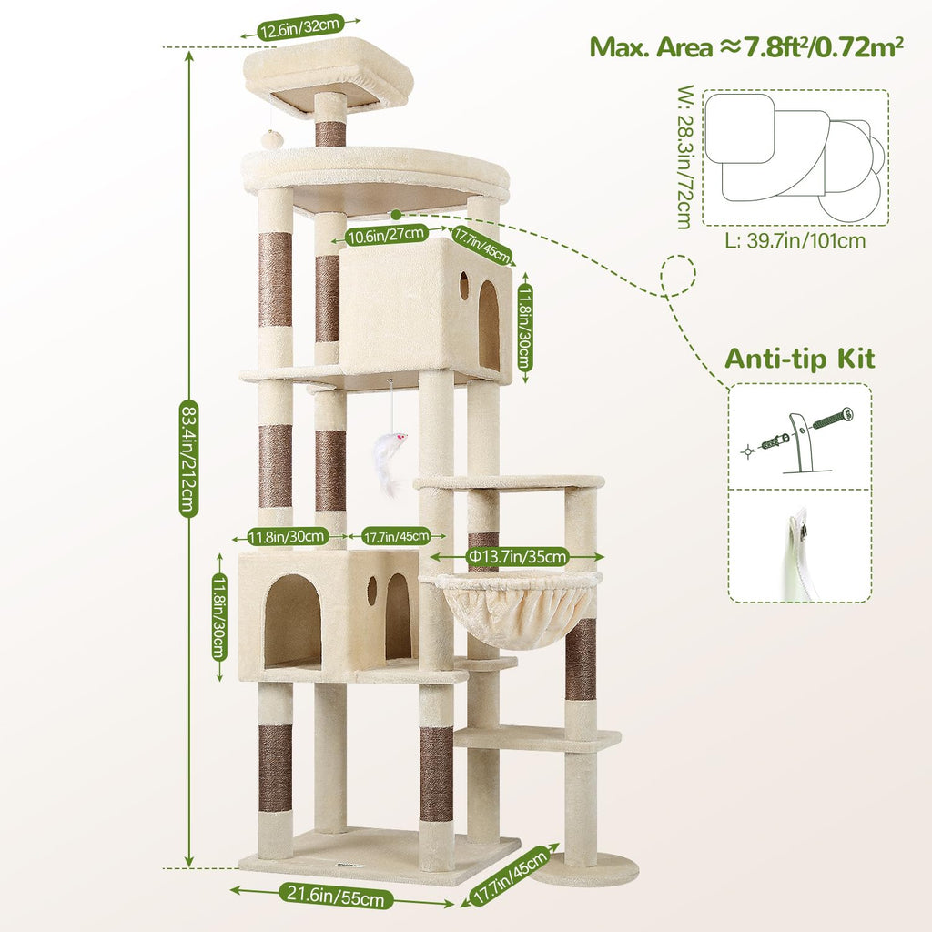 Globlazer Giant Cat Tree 83-Inch Tower for Large Indoor Cats – F83 Beige