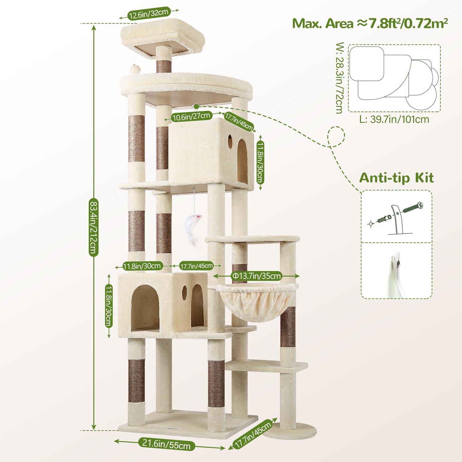 Globlazer Giant Cat Tree 83-Inch Tower for Large Indoor Cats – F83 Beige