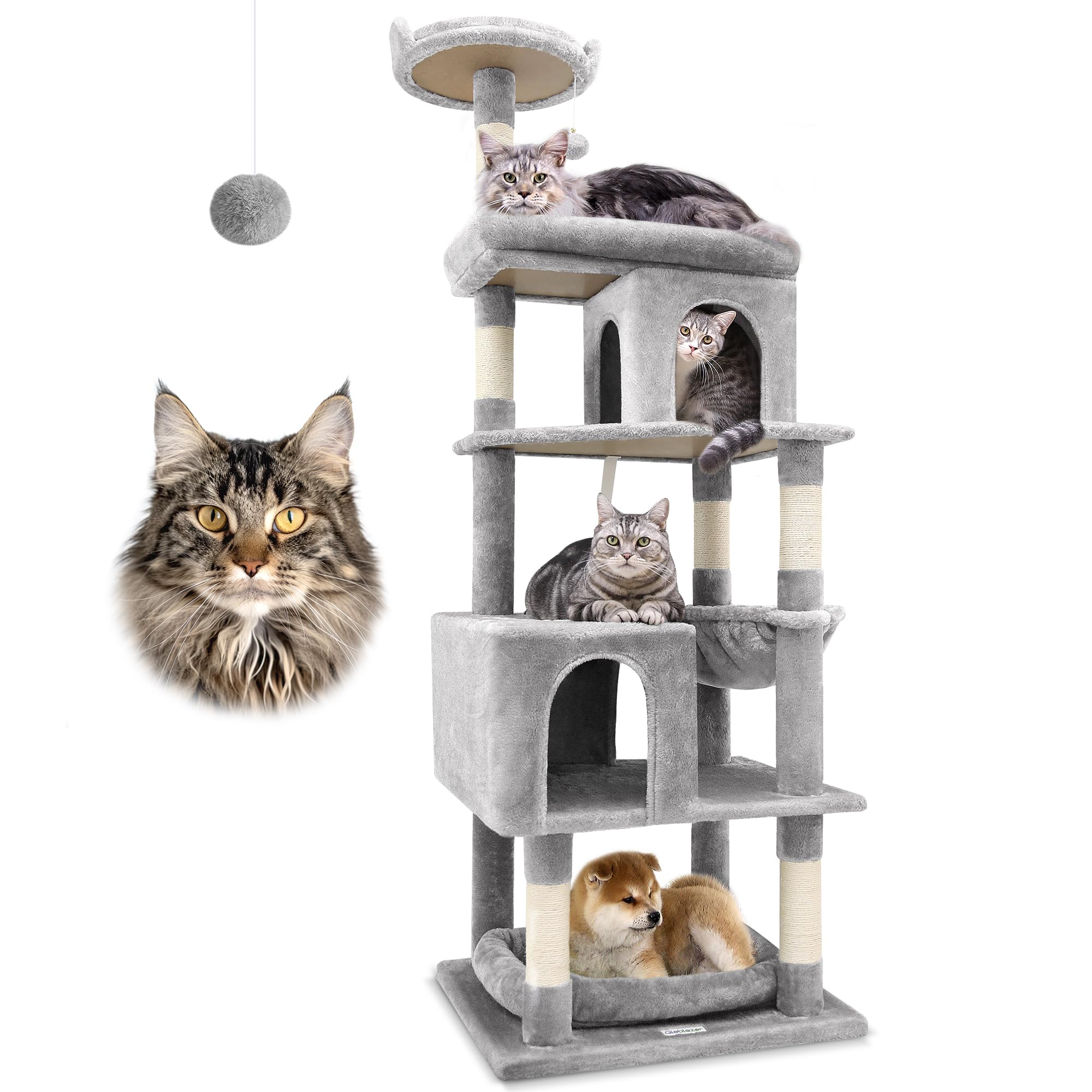 Globlazer Heavy Duty Cat Tree for Large Cats — 72in Tall, 6 Scratching Posts, Hammock, Dual Caves, Light Grey