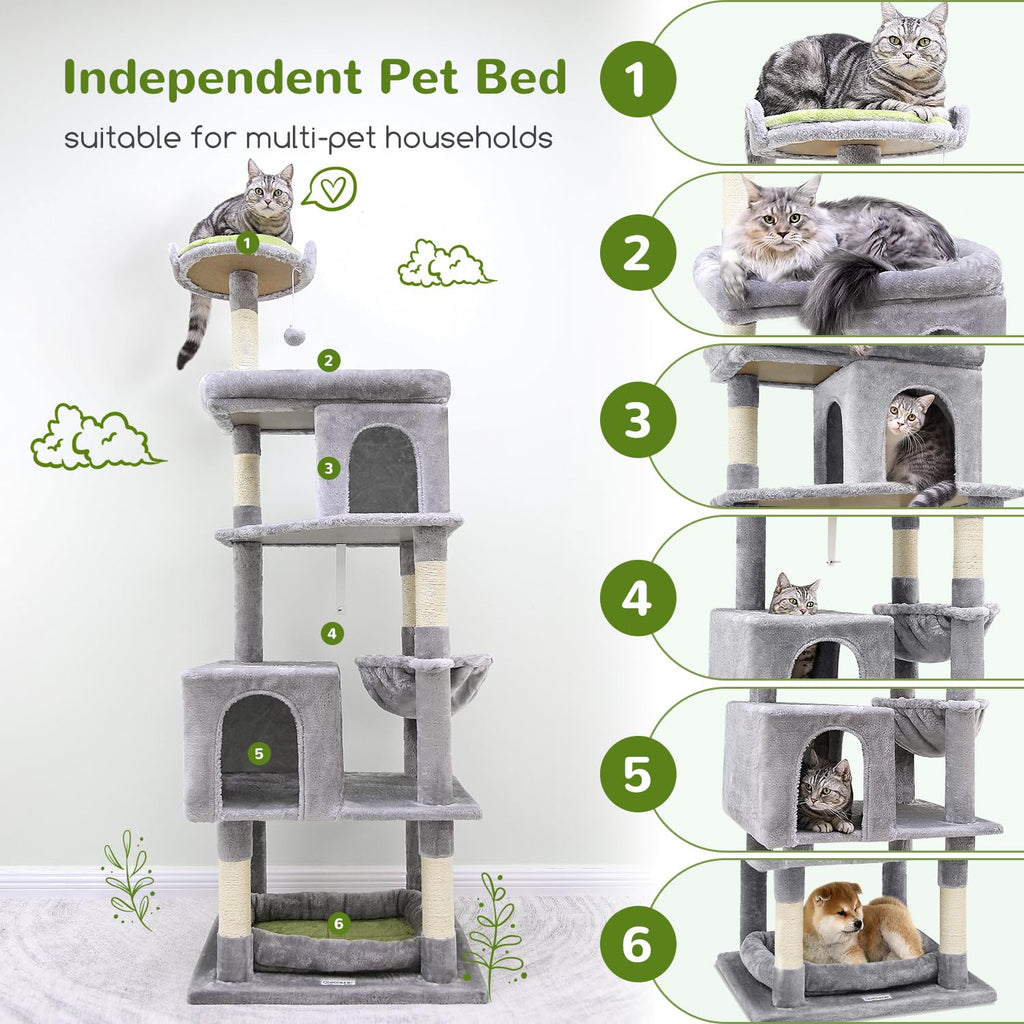 Globlazer Heavy Duty Cat Tree for Large Cats — 72in Tall, 6 Scratching Posts, Hammock, Dual Caves, Light Grey