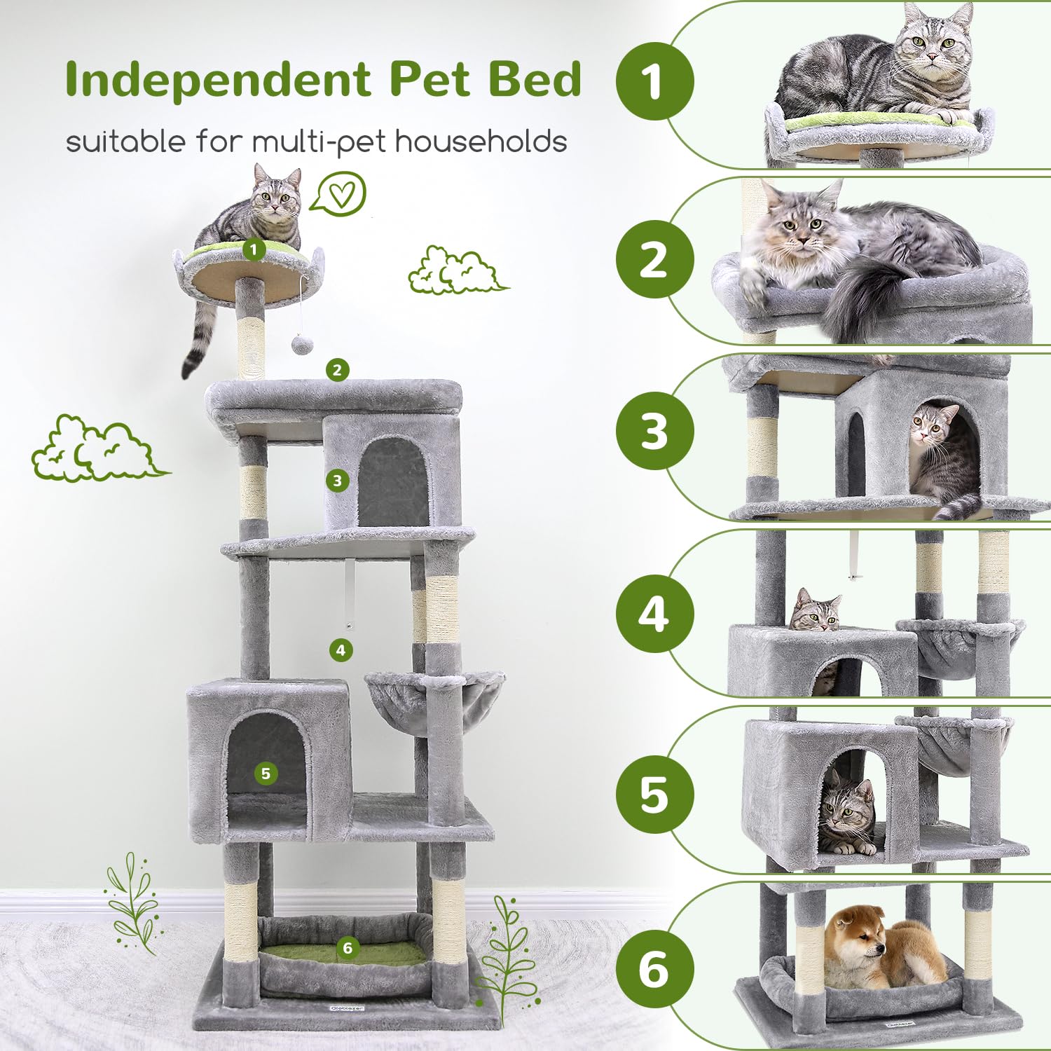 Globlazer Heavy Duty Cat Tree for Large Cats — 72in Tall, 6 Scratching Posts, Hammock, Dual Caves, Light Grey