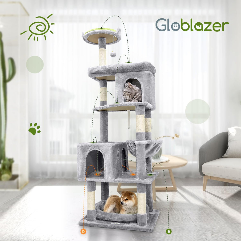 Globlazer Heavy Duty Cat Tree for Large Cats — 72in Tall, 6 Scratching Posts, Hammock, Dual Caves, Light Grey