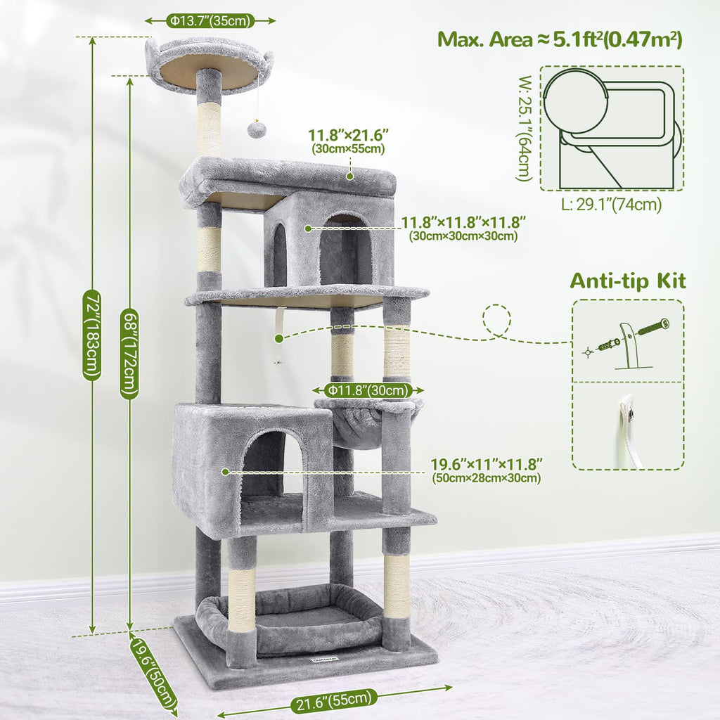 Globlazer Heavy Duty Cat Tree for Large Cats — 72in Tall, 6 Scratching Posts, Hammock, Dual Caves, Light Grey