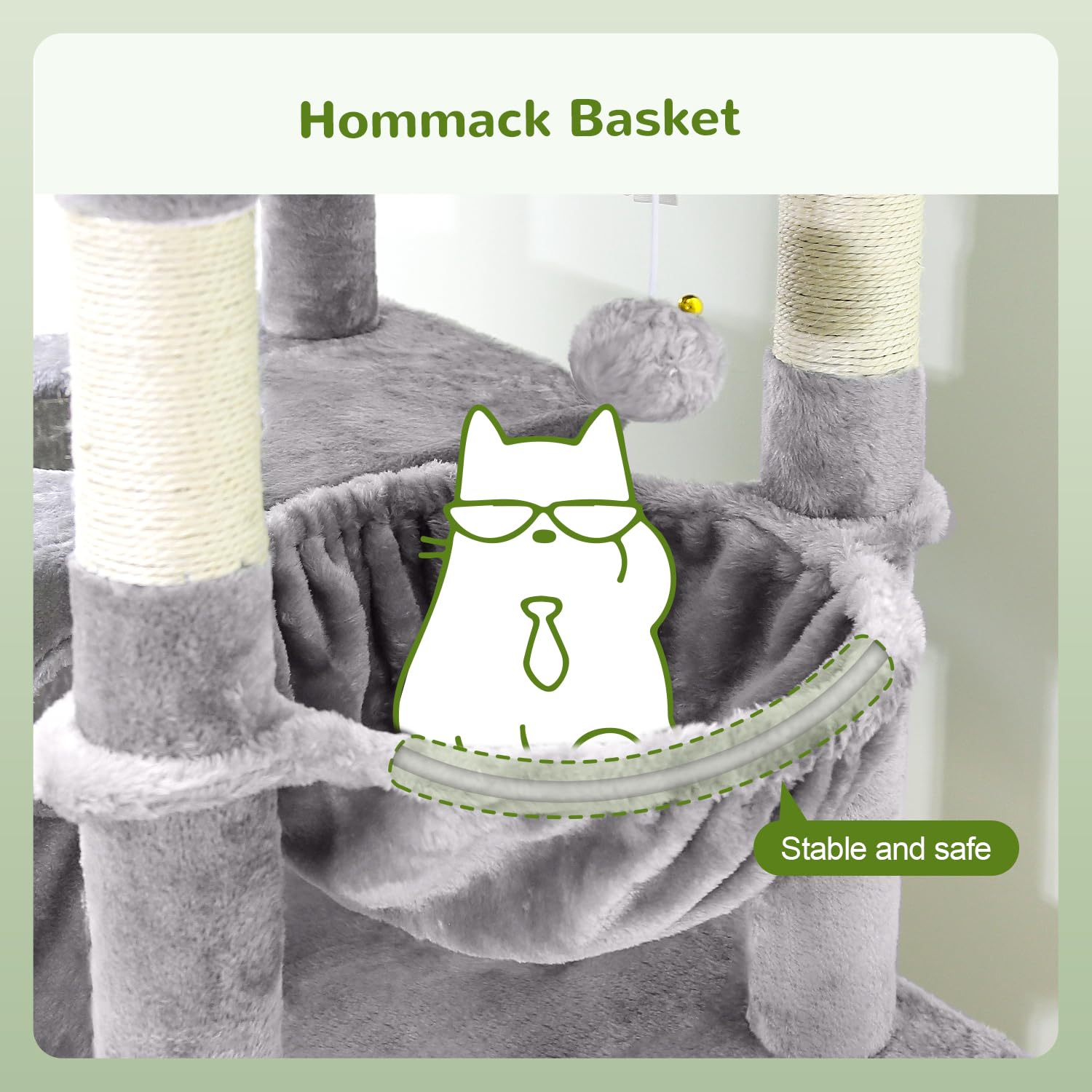 Globlazer Heavy Duty Cat Tree for Large Cats — 72in Tall, 6 Scratching Posts, Hammock, Dual Caves, Light Grey