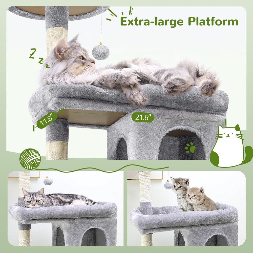 Globlazer Heavy Duty Cat Tree for Large Cats — 72in Tall, 6 Scratching Posts, Hammock, Dual Caves, Light Grey