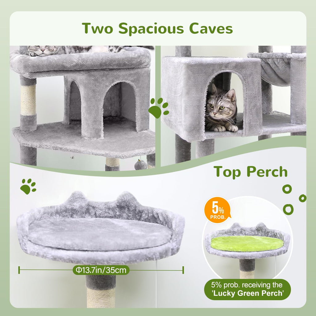 Globlazer Heavy Duty Cat Tree for Large Cats — 72in Tall, 6 Scratching Posts, Hammock, Dual Caves, Light Grey