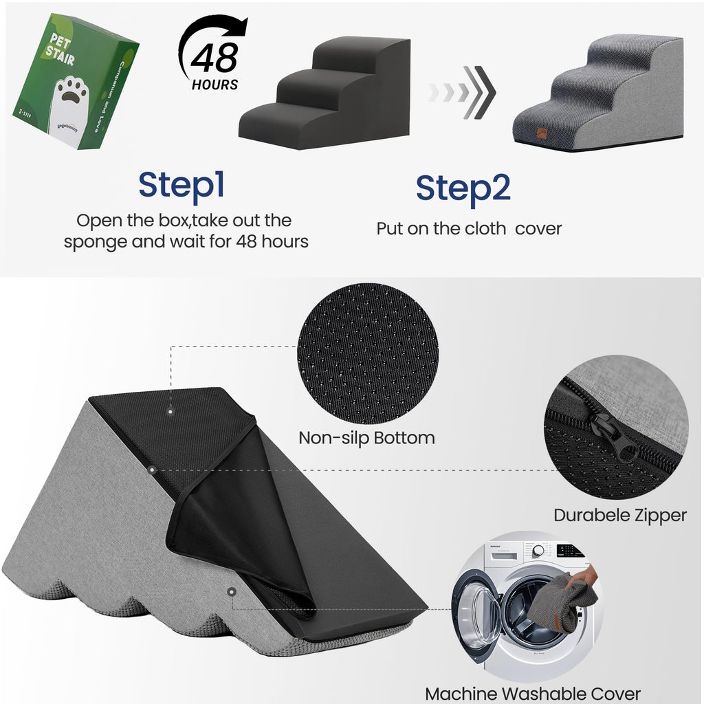 Gogobunny Ramp Cat Dog Stairs Grey – 3-Step Bed Access, Durable Waterproof Cover