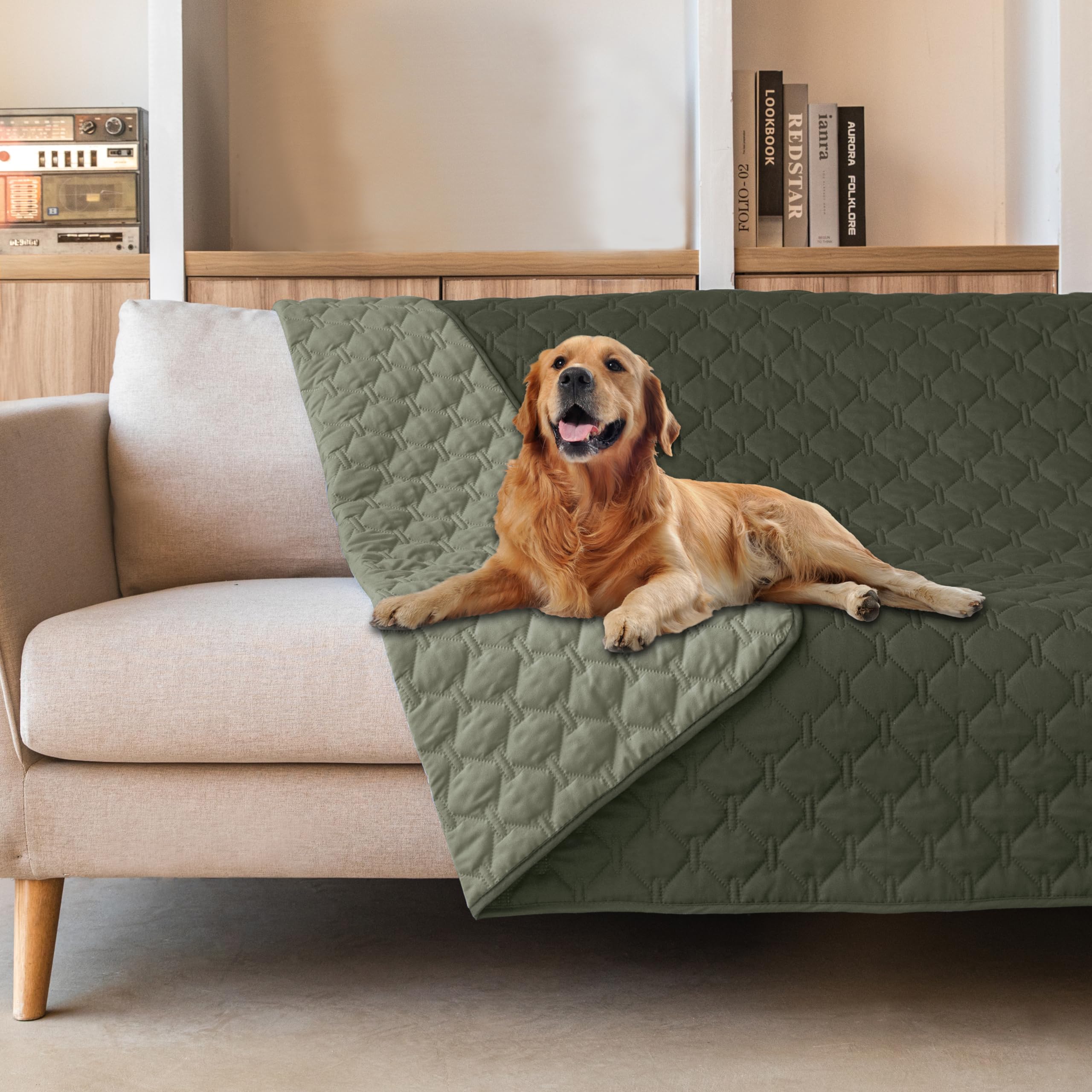 gogobunny 100% Double-Sided Waterproof Dog Blanket • 82x120 in • Reversible Bed Cover (Dark Olive/Light Olive) — Pack of 1