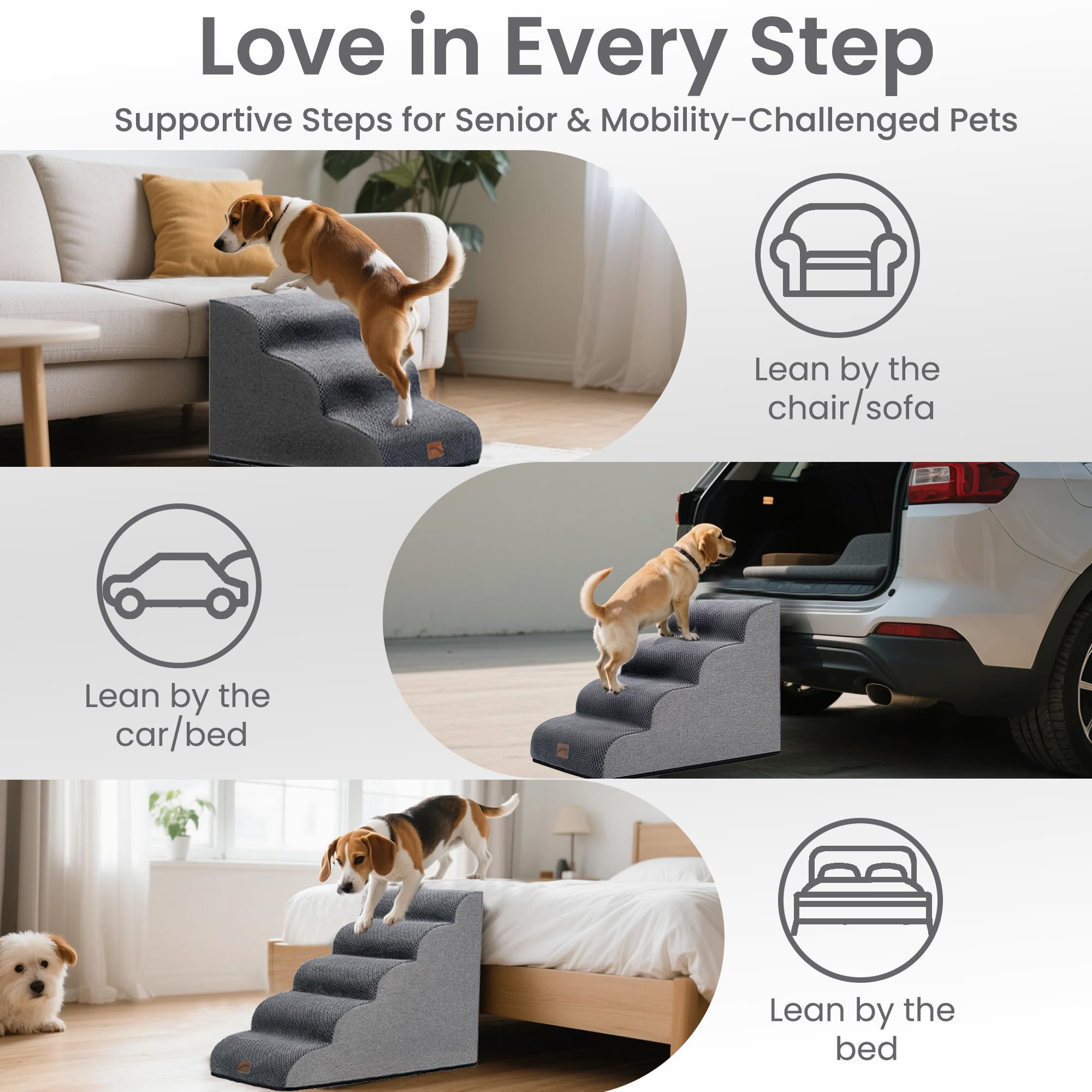 Gogobunny Ramp Cat Dog Stairs Grey – 3-Step Bed Access, Durable Waterproof Cover
