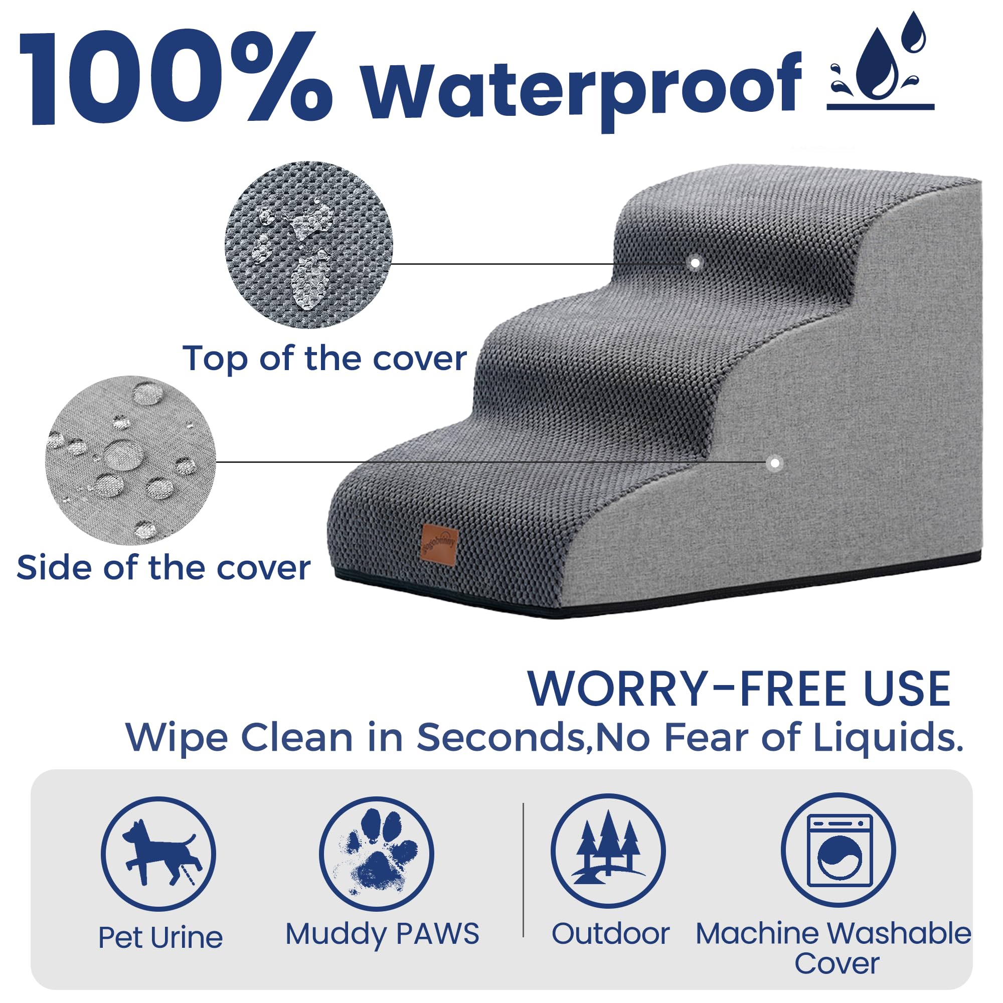 Gogobunny Ramp Cat Dog Stairs Grey – 3-Step Bed Access, Durable Waterproof Cover