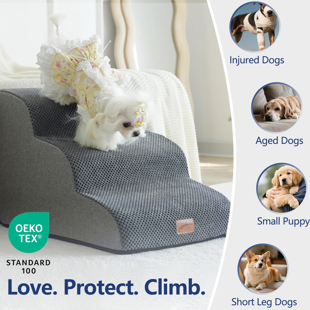 Gogobunny Ramp Cat Dog Stairs Grey – 3-Step Bed Access, Durable Waterproof Cover
