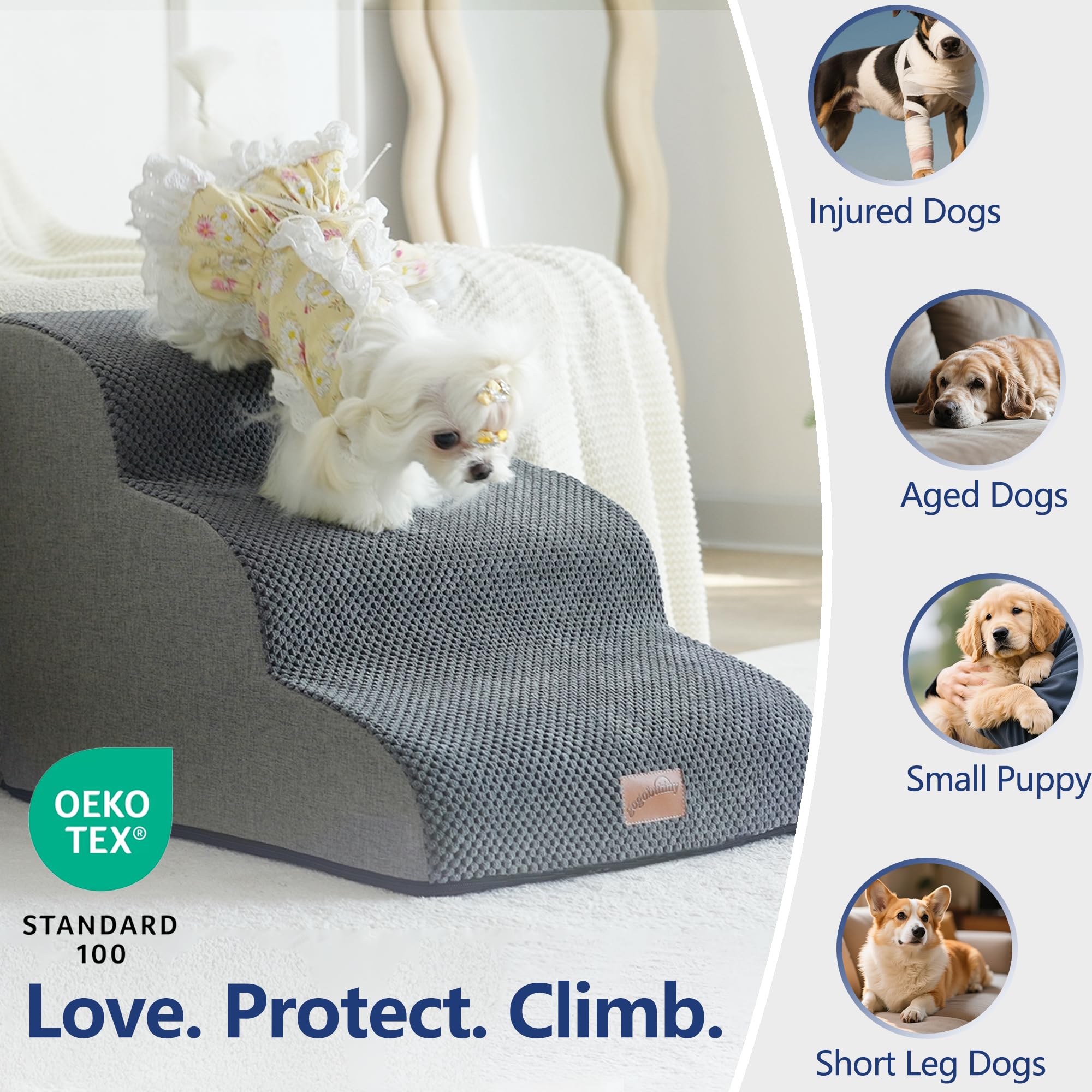 Gogobunny Ramp Cat Dog Stairs Grey – 3-Step Bed Access, Durable Waterproof Cover