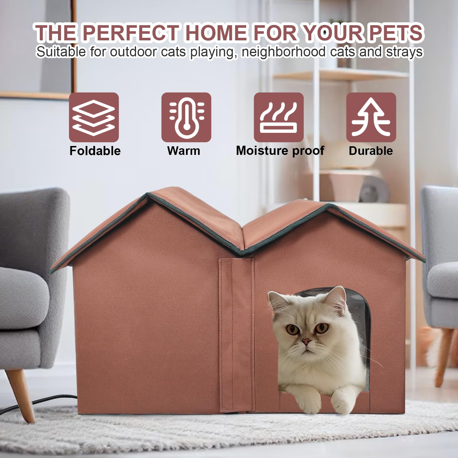 GOLOPET Indoor Heated Cat House – Adjustable Temperature, Timer & Waterproof Cord