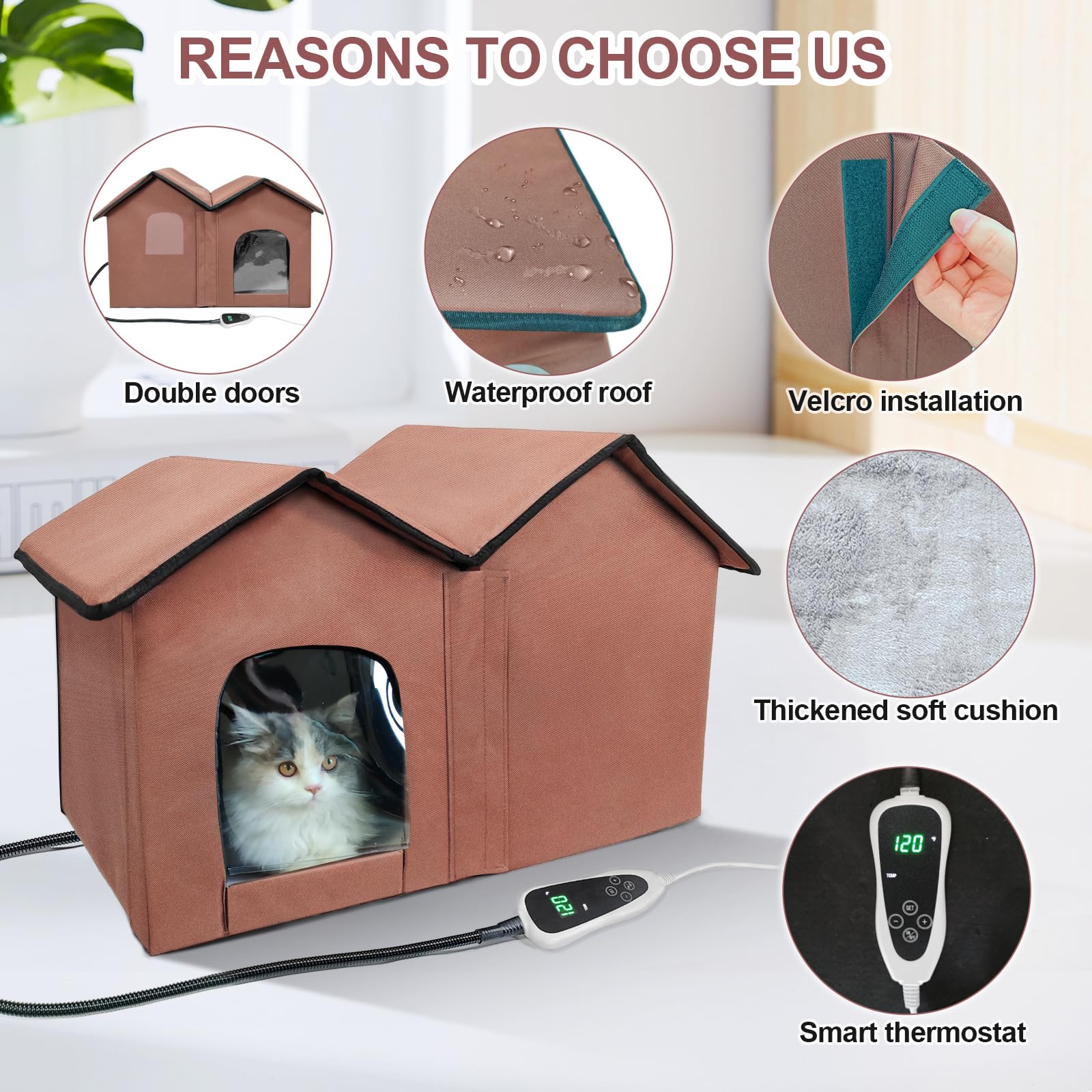 GOLOPET Indoor Heated Cat House – Adjustable Temperature, Timer & Waterproof Cord