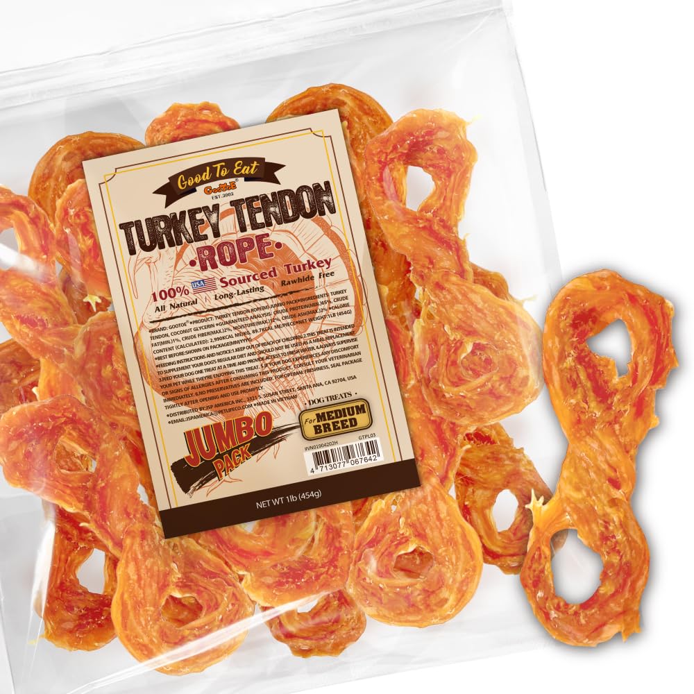 Gootoe Turkey Tendons for Dogs – All-Natural, Hypoallergenic Long-Lasting Chews (Medium Rope, 16 oz)