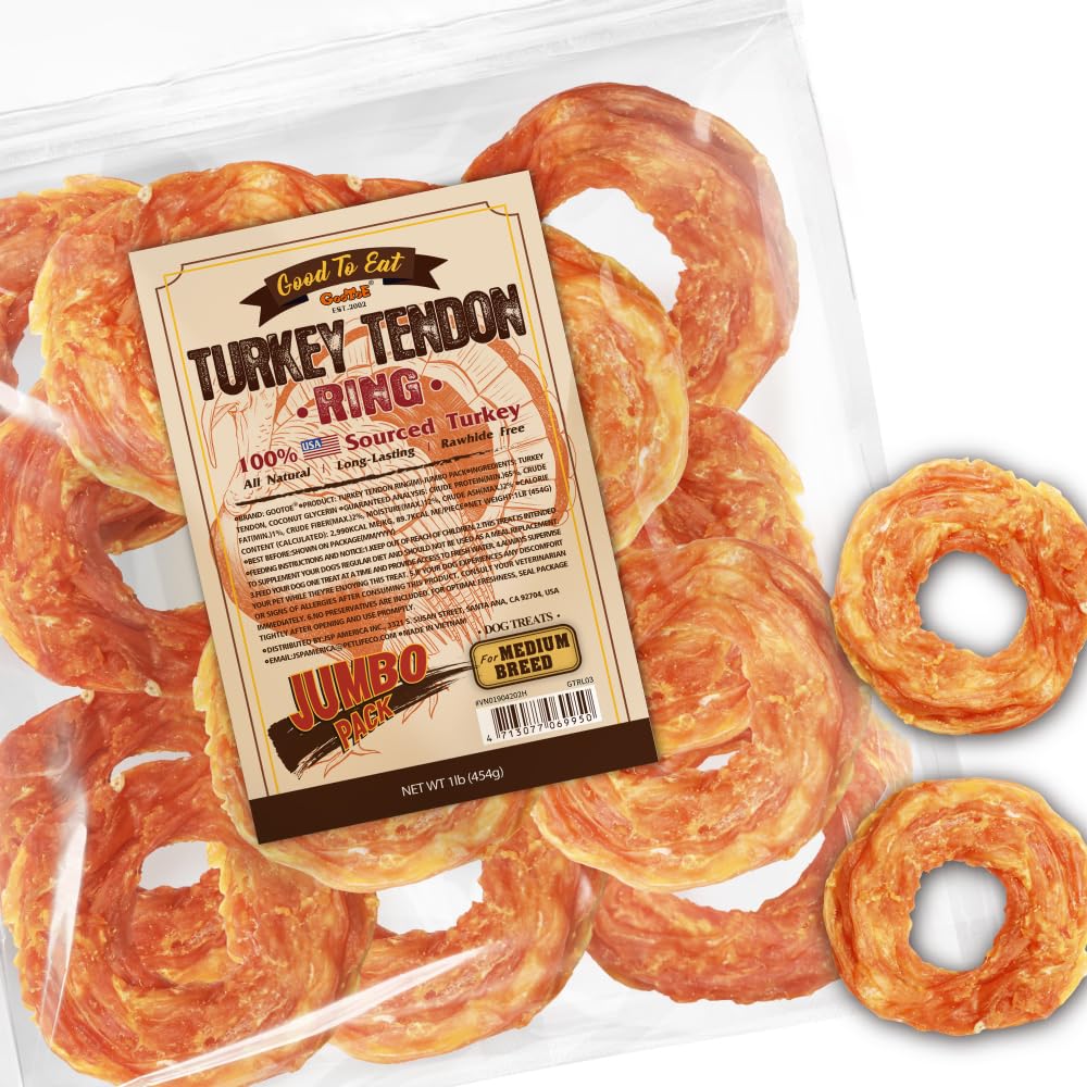 Gootoe Turkey Tendons for Dogs – All-Natural, Hypoallergenic Long-Lasting Chews (16 oz, Ring M)