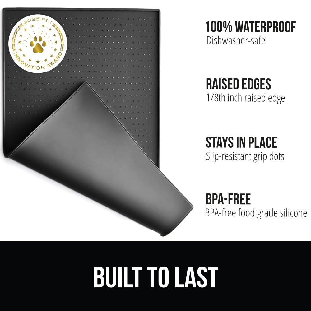 GORILLA GRIP 28x18 Charcoal Waterproof Silicone Pet Feeding Mat – Raised Edge, BPA Free