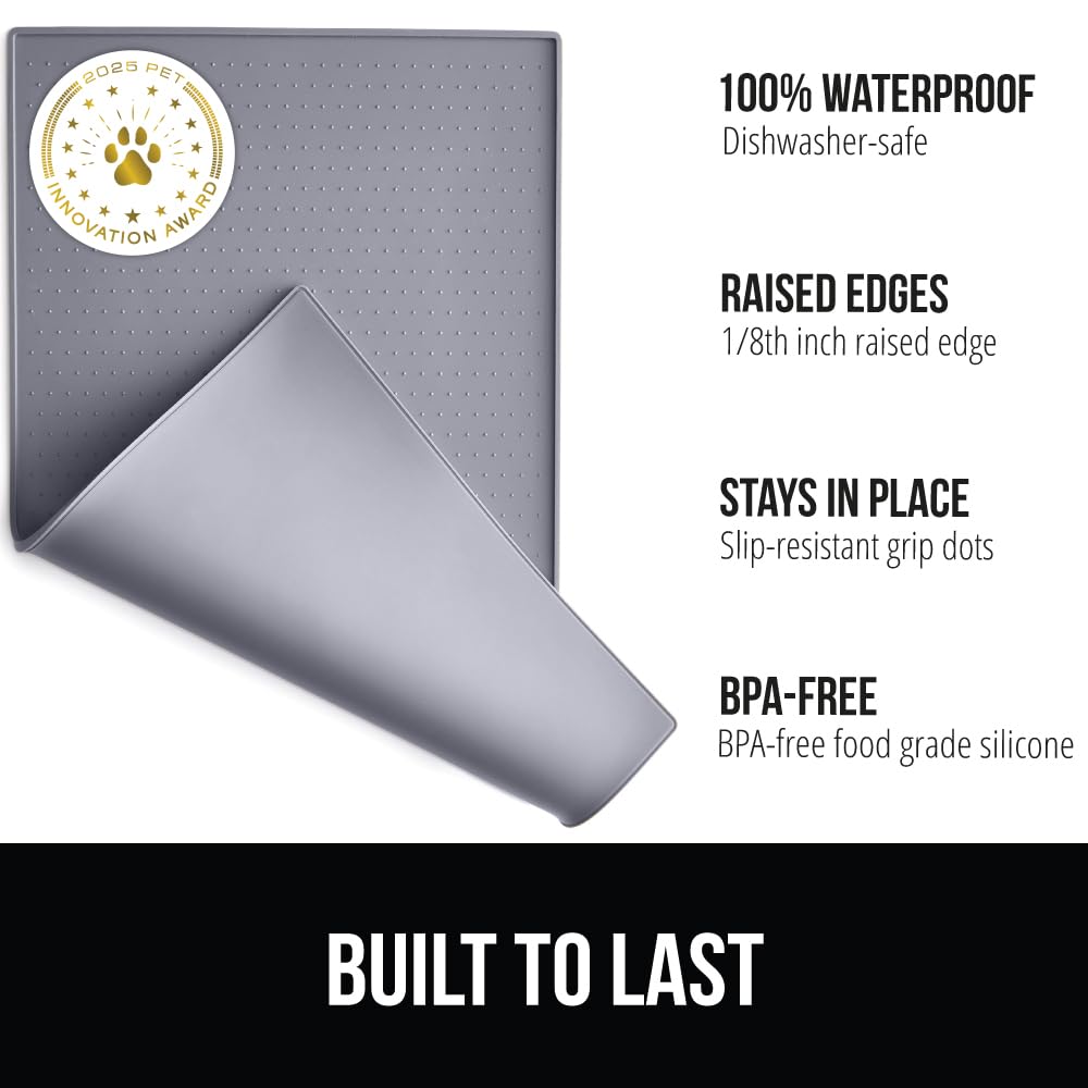 GORILLA GRIP 100% Waterproof Silicone Pet Feeding Mat 32x24 Gray — Spill-Proof, BPA Free, Non-Slip