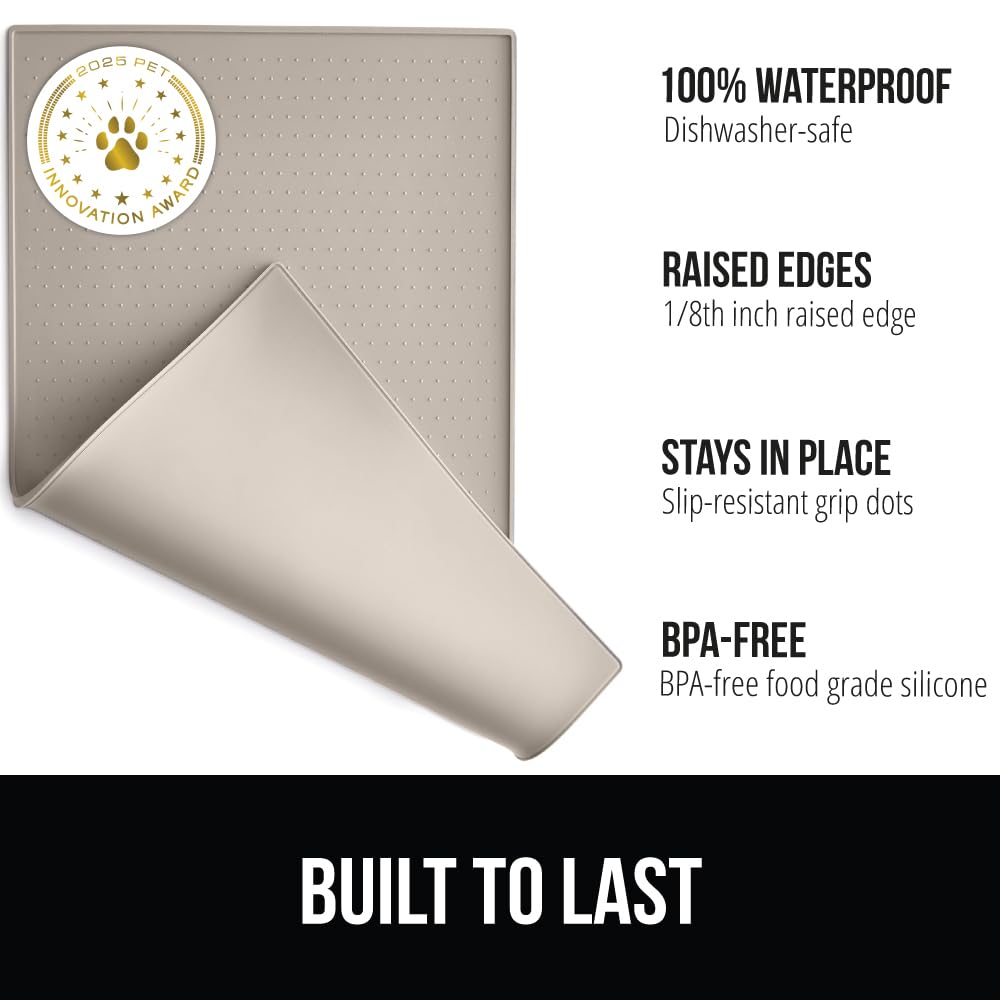 GORILLA GRIP 100% Waterproof Silicone Pet Feeding Mat – 28x18 Beige, BPA Free, Raised Edge