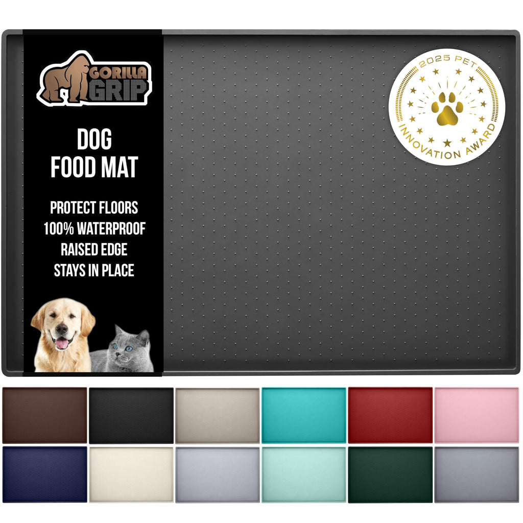 GORILLA GRIP 28x18 Charcoal Waterproof Silicone Pet Feeding Mat – Raised Edge, BPA Free