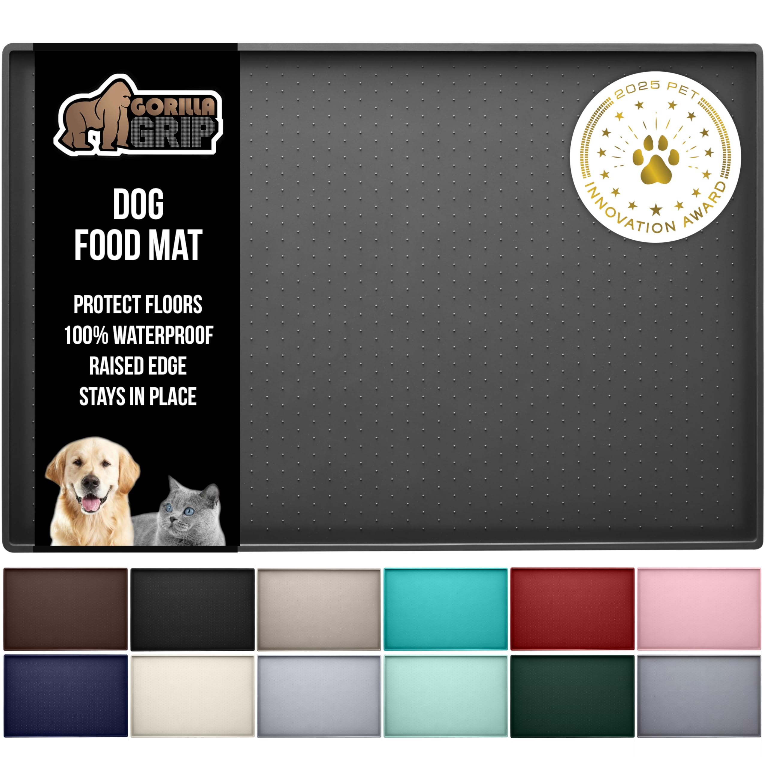 GORILLA GRIP 28x18 Charcoal Waterproof Silicone Pet Feeding Mat – Raised Edge, BPA Free
