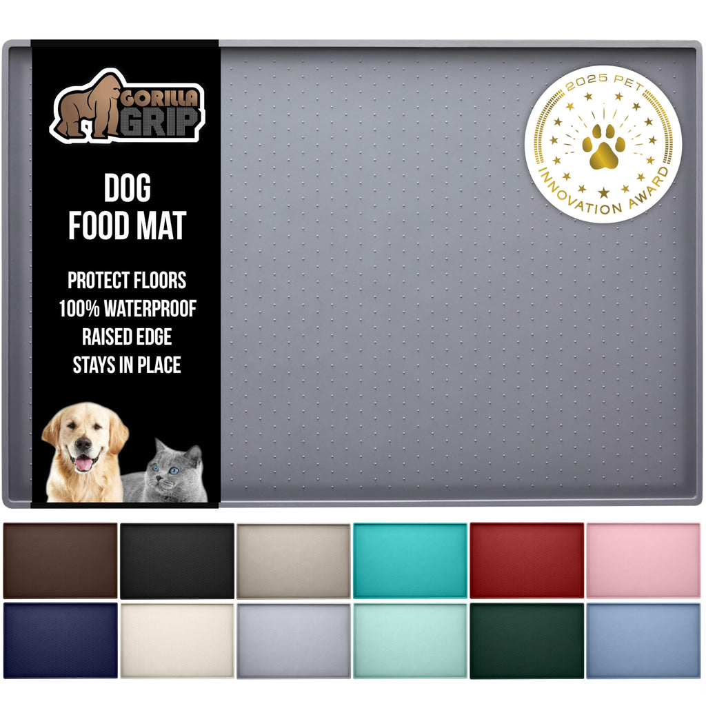 GORILLA GRIP 100% Waterproof Silicone Pet Feeding Mat 32x24 Gray — Spill-Proof, BPA Free, Non-Slip