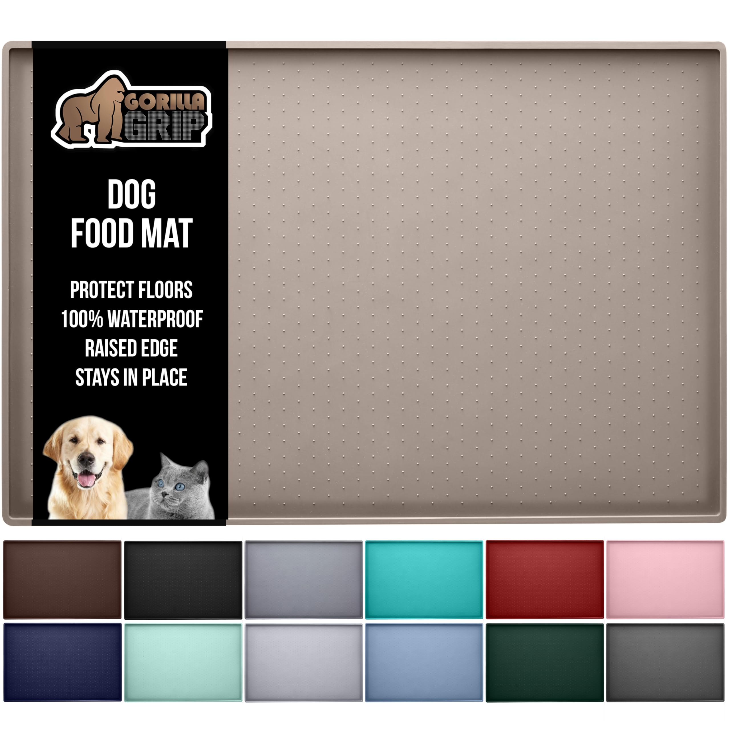 GORILLA GRIP 100% Waterproof Silicone Pet Feeding Mat – 28x18 Beige, BPA Free, Raised Edge