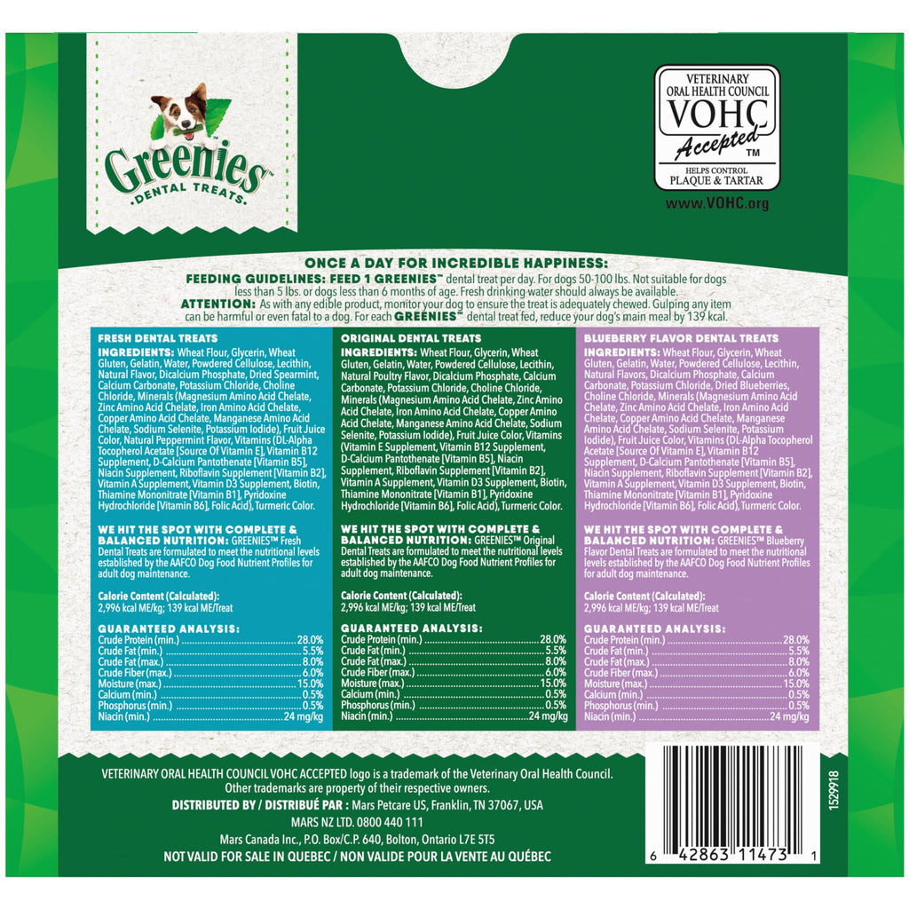 Greenies Vet-Recommended Large-Dog Dental Treats — Fresh Flavor, Original Flavor & Blueberry (3x12 oz)