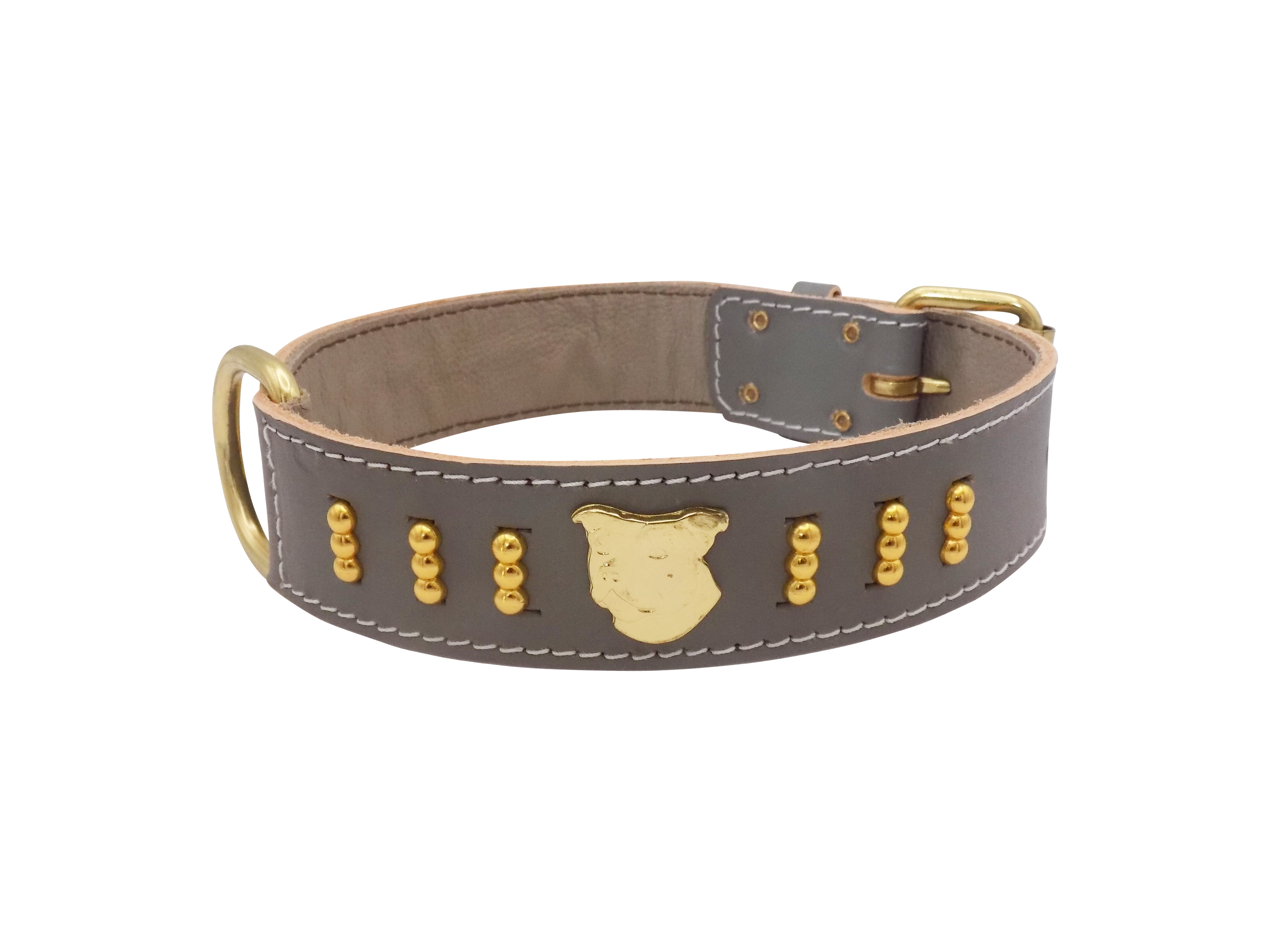 1.5" wide Staffy Leather Dog Collar with Gold Unique Decorative Design and Staffordshire Bull Terrier Badge