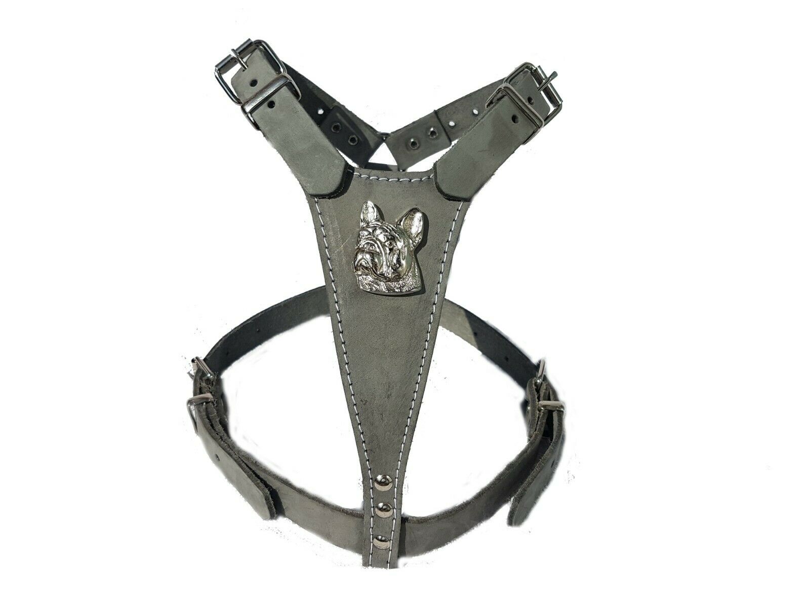 Grey Leather Dog Harness with French Bulldog Head Motif