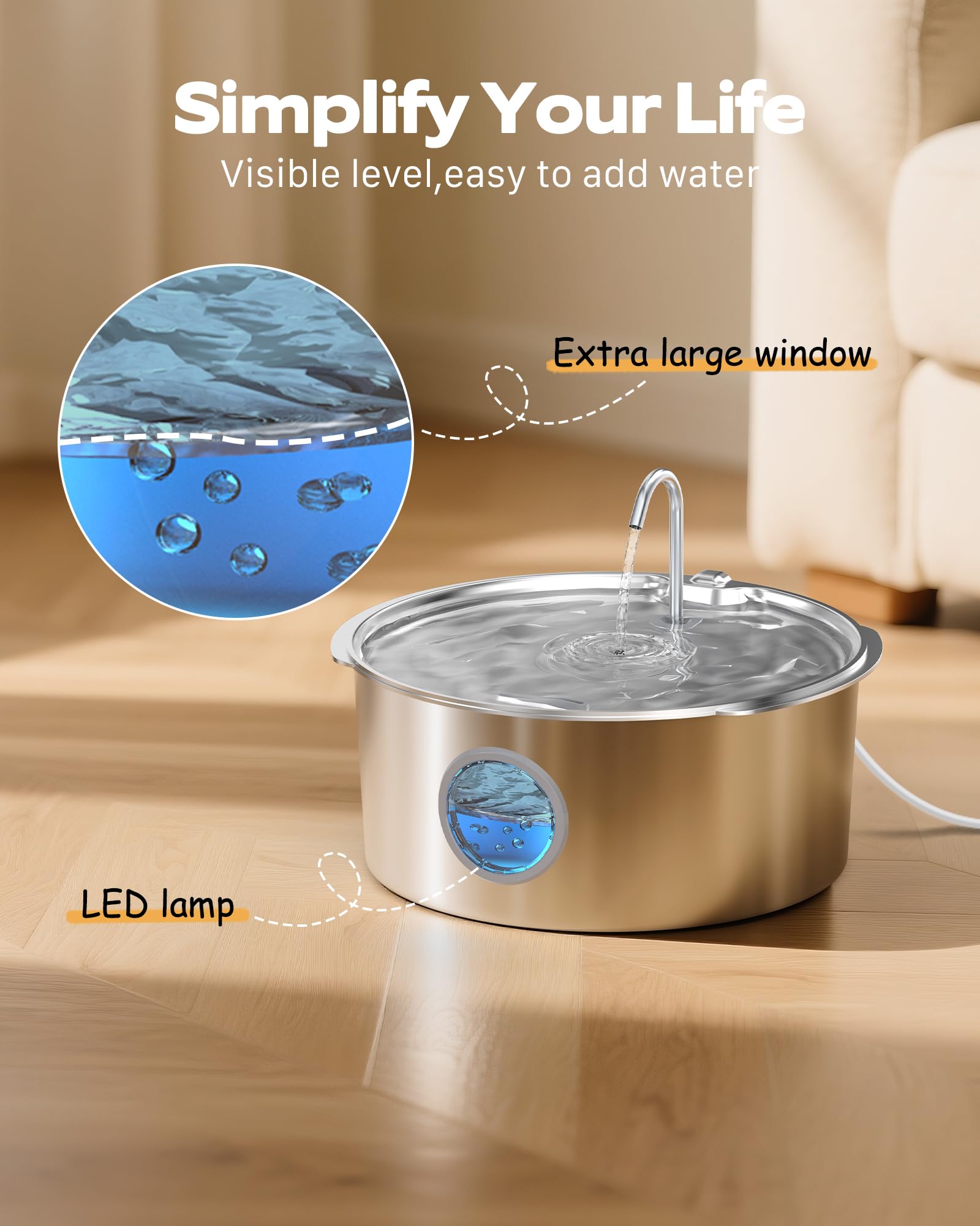 GROOKPET Large-Dog Stainless Steel Water Fountain – 12L, Quiet, 4-Stage Filtration