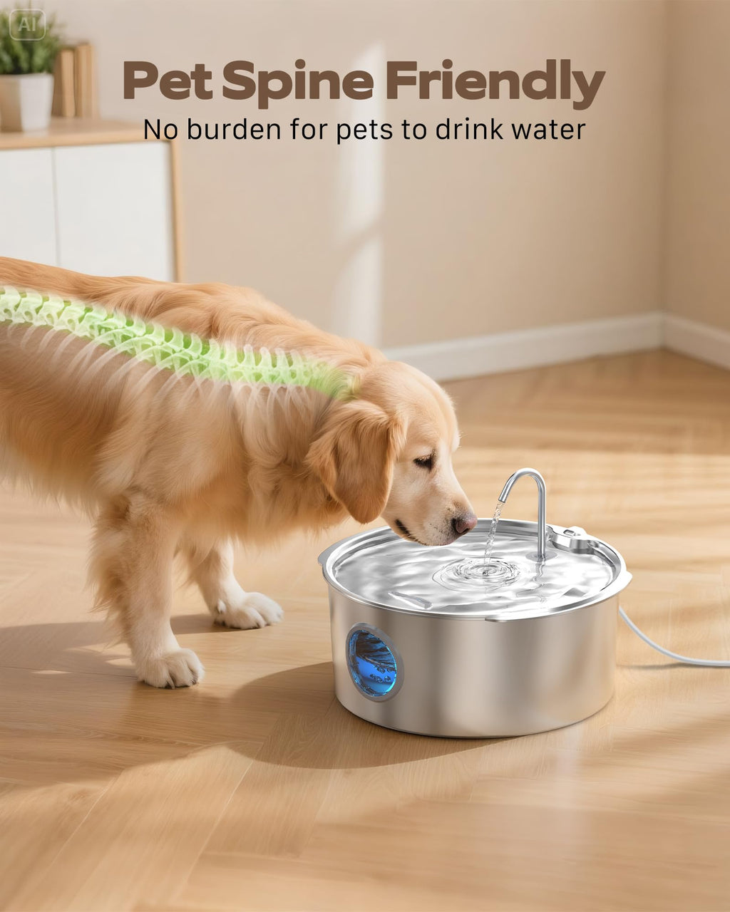 GROOKPET Large-Dog Stainless Steel Water Fountain – 12L, Quiet, 4-Stage Filtration