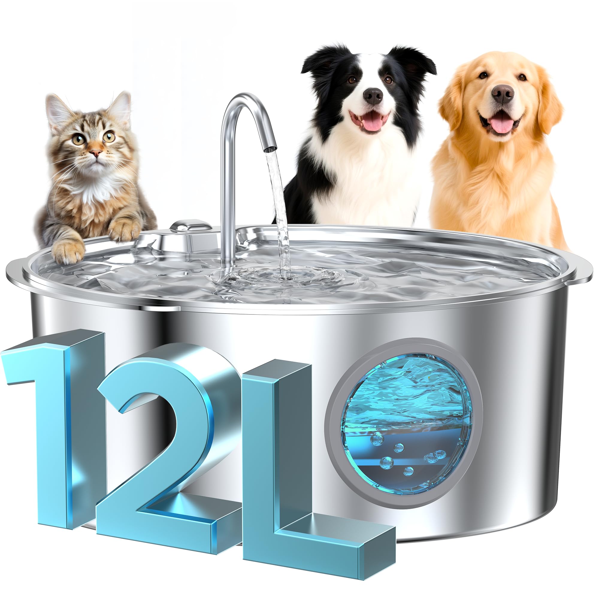 GROOKPET Large-Dog Stainless Steel Water Fountain – 12L, Quiet, 4-Stage Filtration