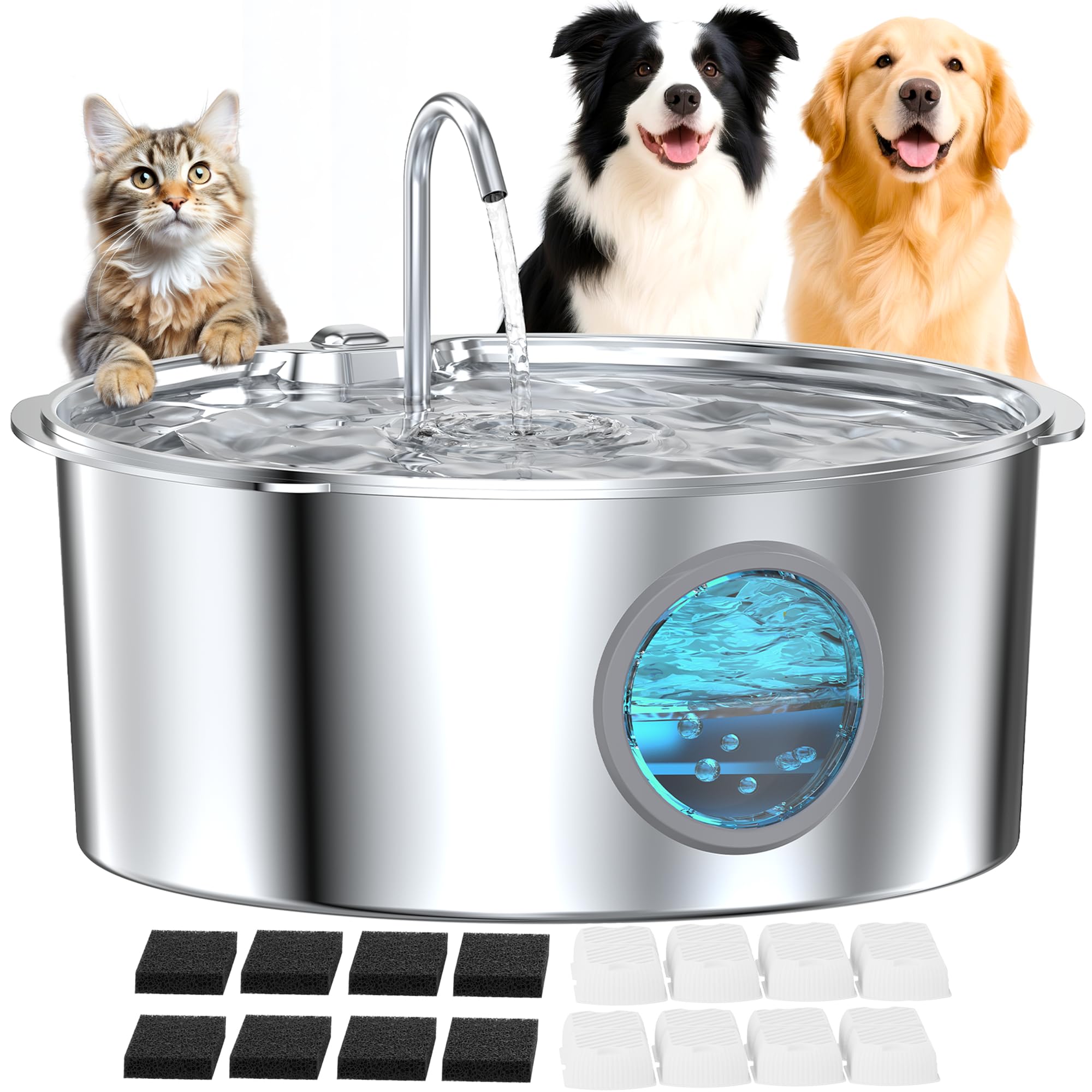 GROOKPET Large Dog Fountain Water Bowl — Stainless Steel, 7L, Quiet & Multi-Pet Filtration
