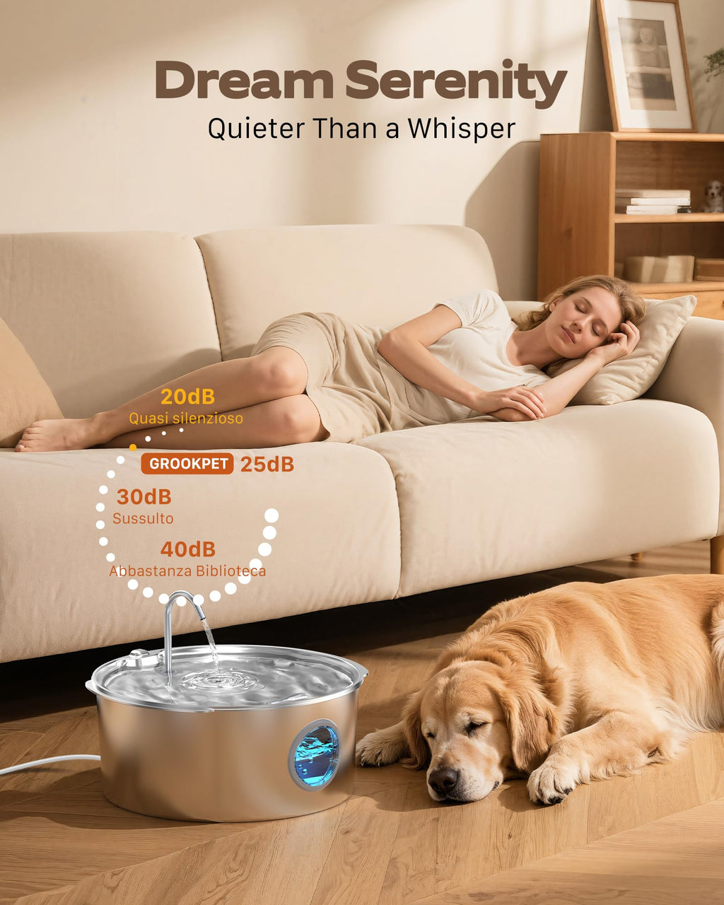 GROOKPET Large-Dog Stainless Steel Water Fountain – 12L, Quiet, 4-Stage Filtration