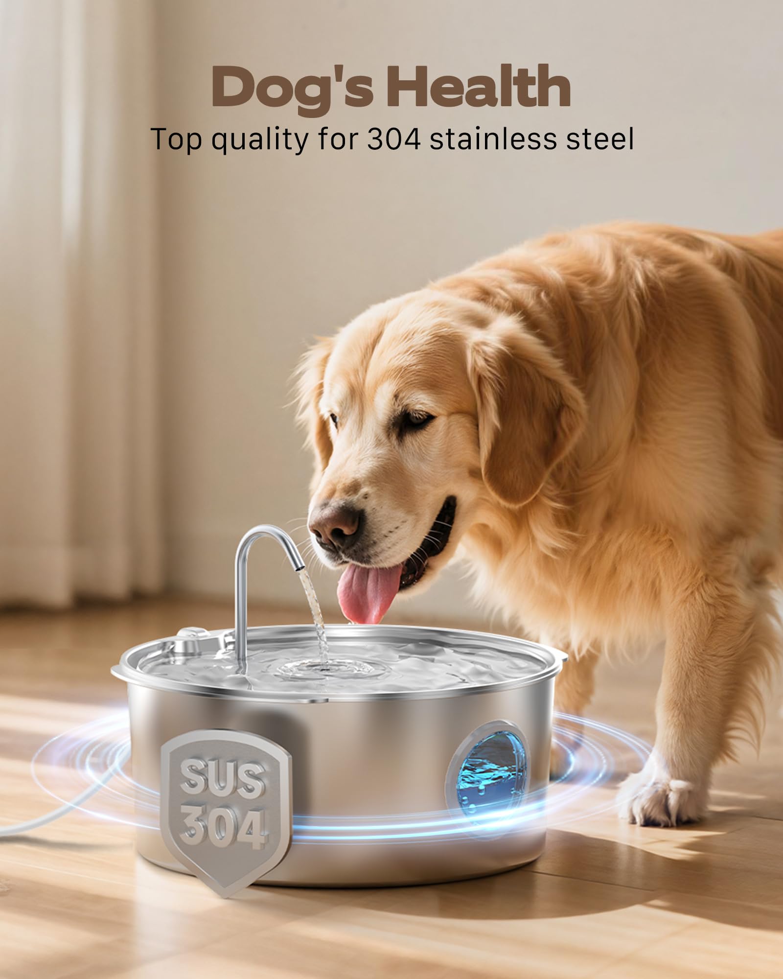 GROOKPET Large-Dog Stainless Steel Water Fountain – 12L, Quiet, 4-Stage Filtration