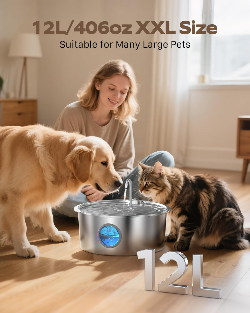GROOKPET Large-Dog Stainless Steel Water Fountain – 12L, Quiet, 4-Stage Filtration